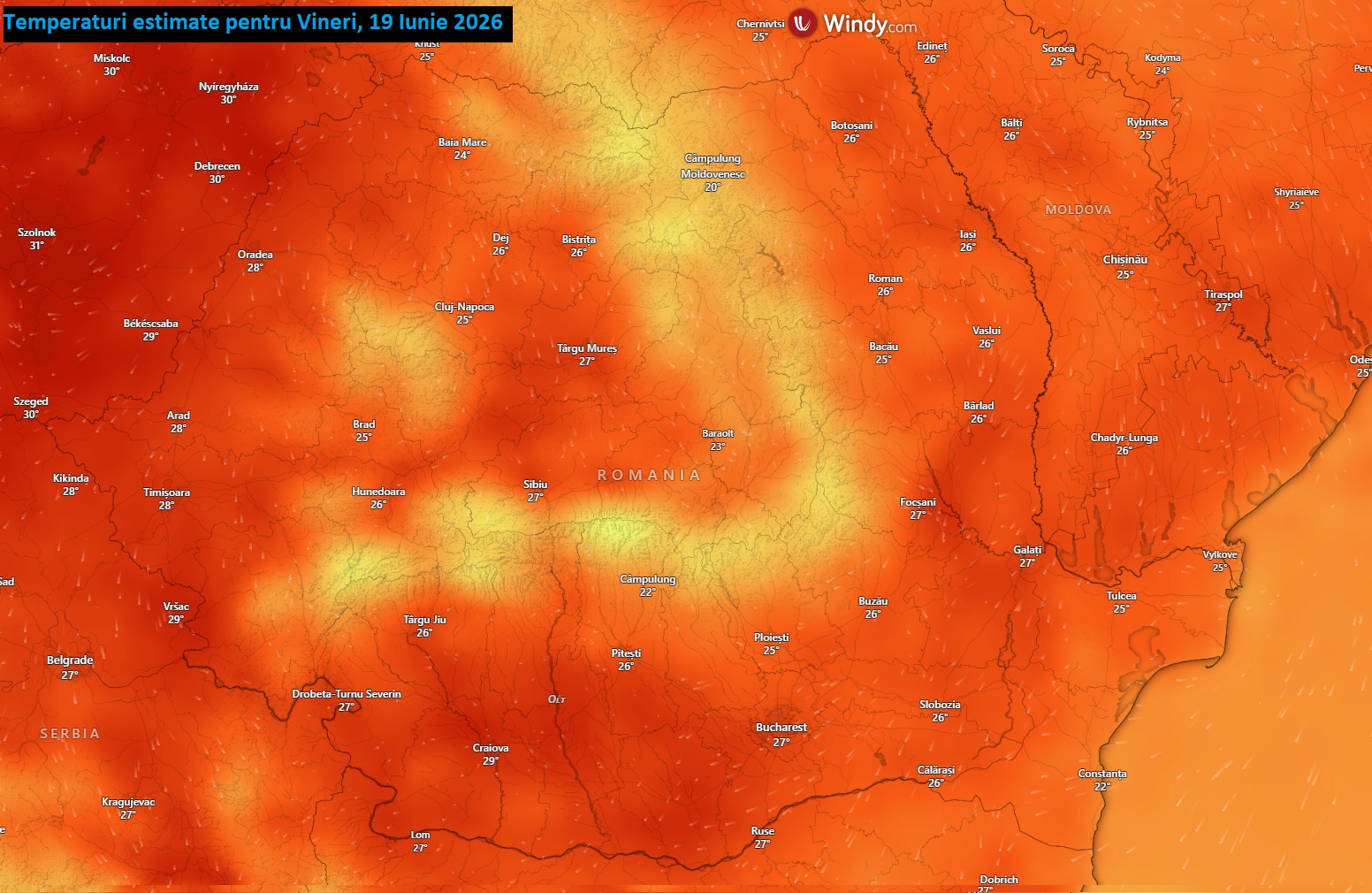Temperaturi estimate pentru Vineri, 19 Iunie 2026