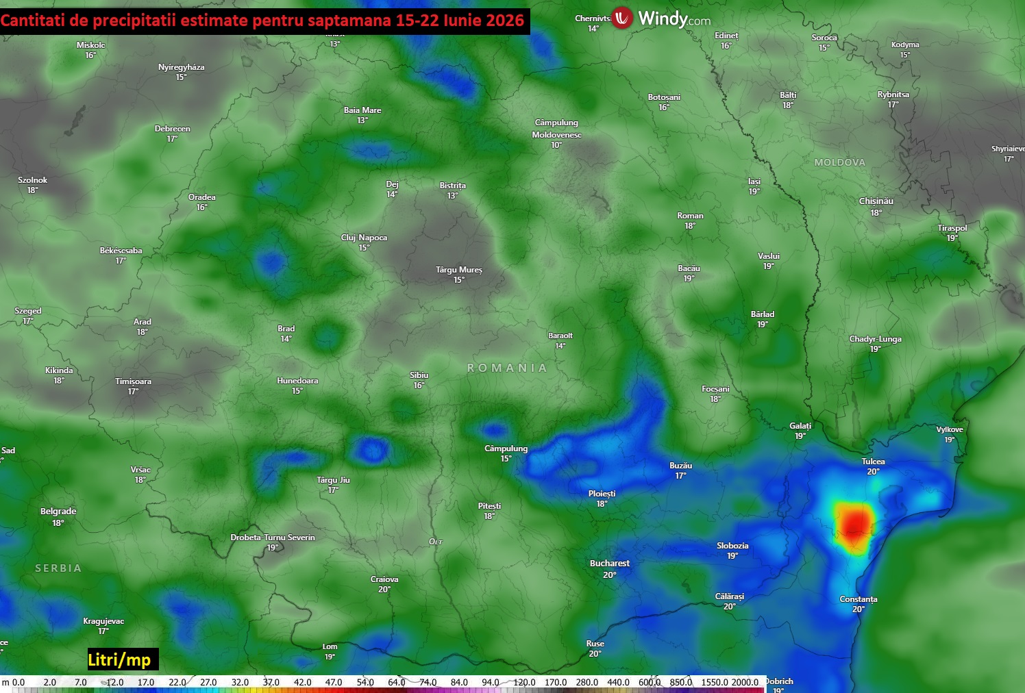 Cantități de precipitații estimate pentru săptămâna 15-22 Iunie 2026