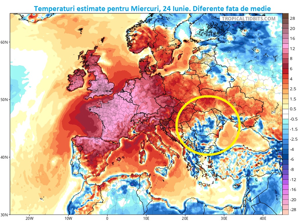 Temperaturi estimate pentru Miercuri, 24 Iunie 2026. Diferente fata de medie