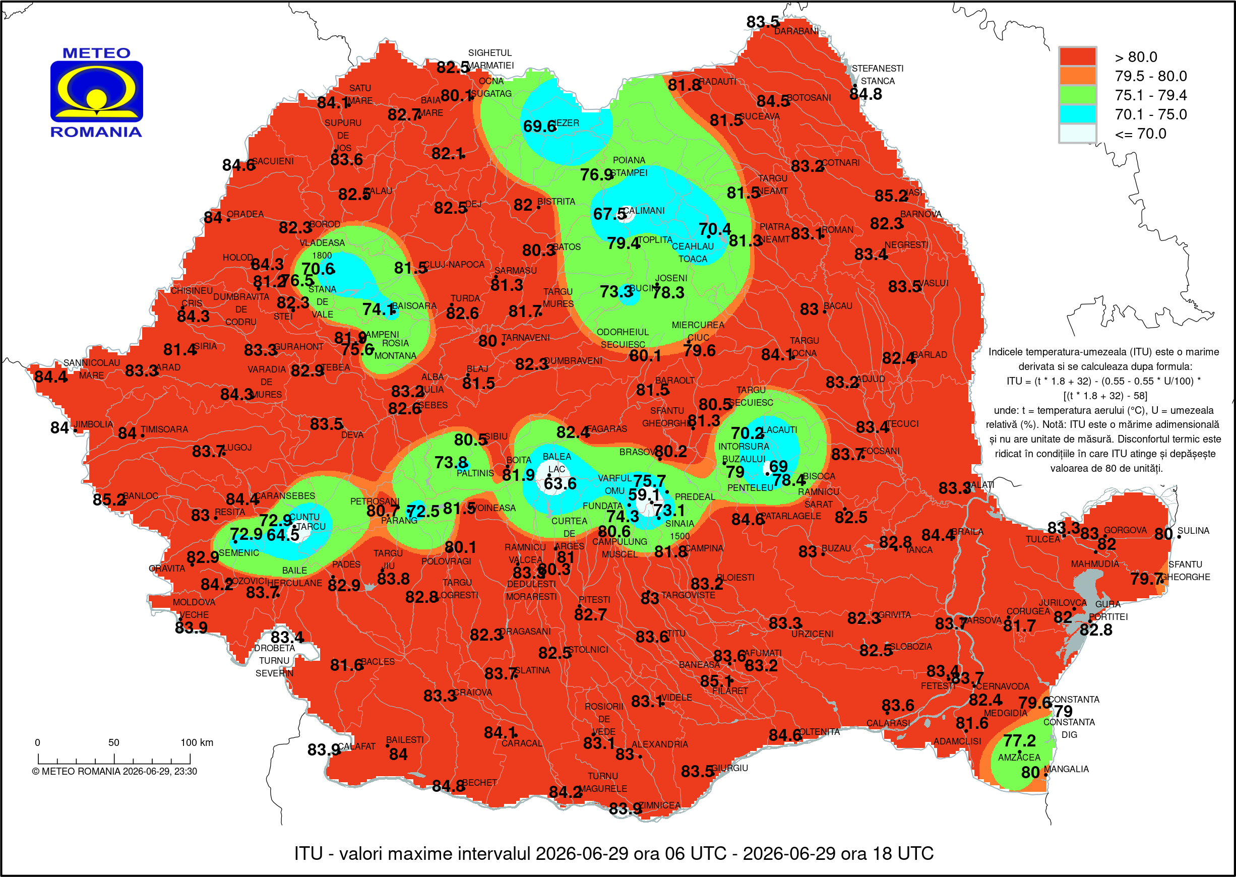 Indicele de confort termic în ziua de luni, 29 iunie 2026