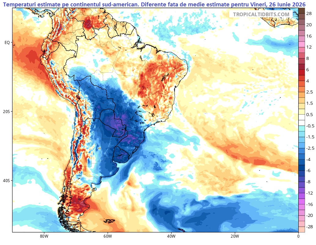 Temperatura. Diferențe față de normal estimate pentru vineri, 26 iunie 2026