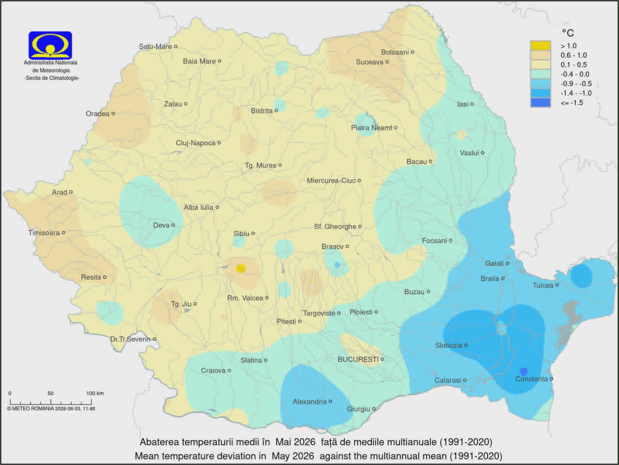 Abaterea temperaturii medii in Mai 2026 fata de mediile multianual