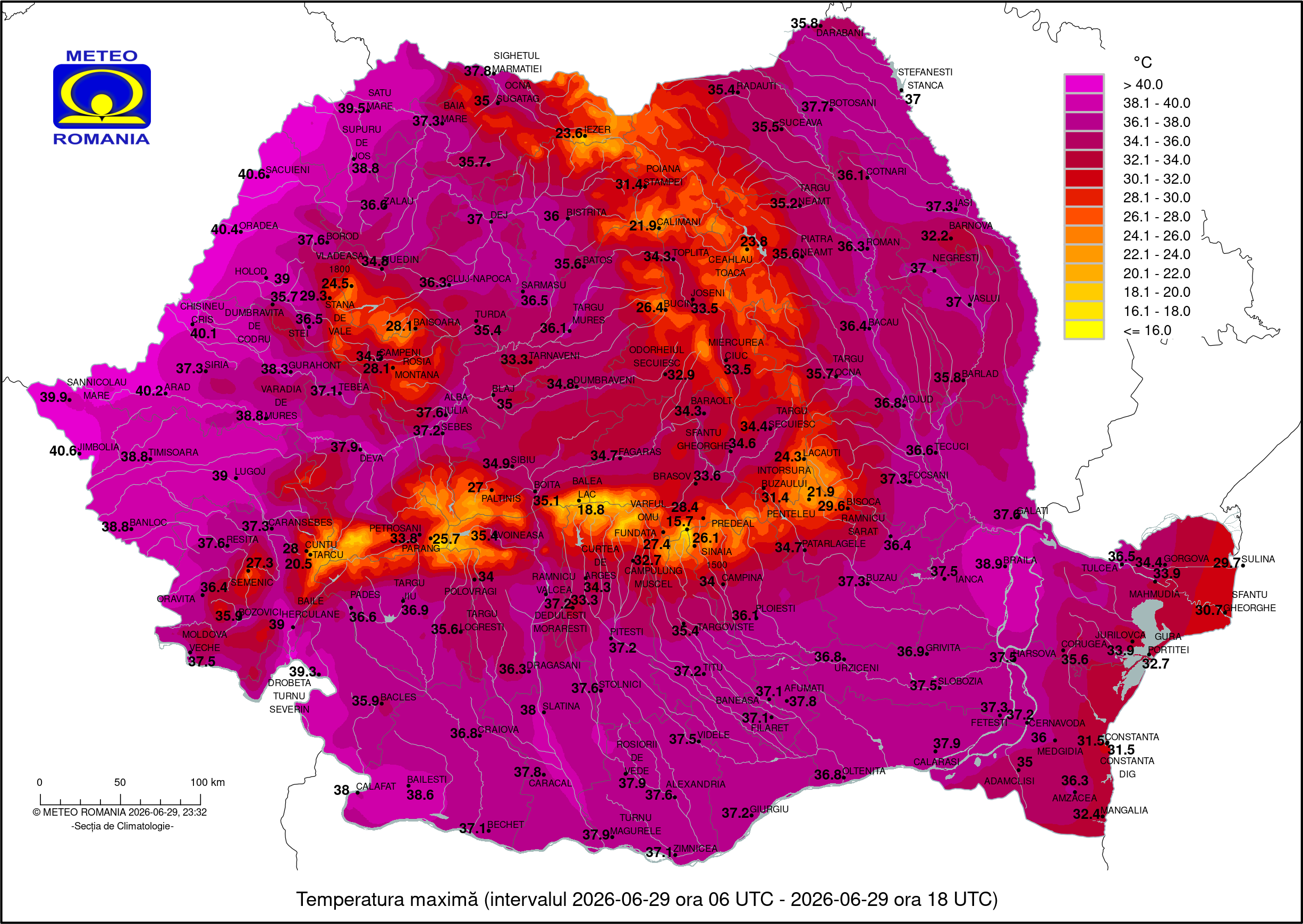 Temperatura maxima inregistrata in ziua de Luni, 29 Iunie 2026