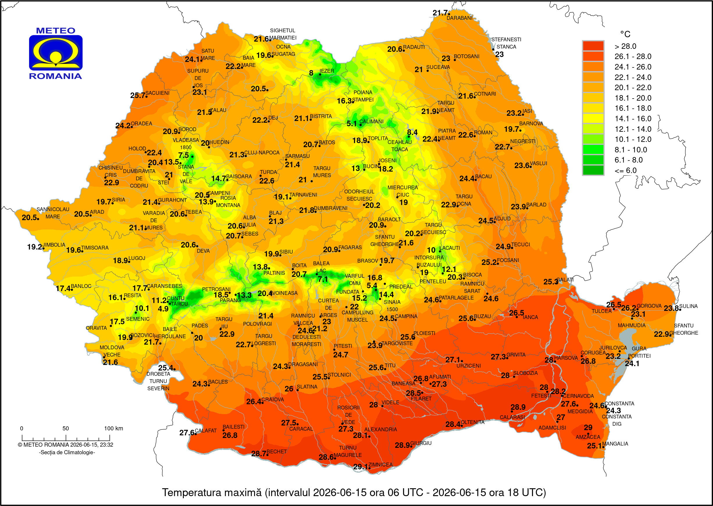 Temperatura maxima a zilei de Luni, 15 Iunie 2026