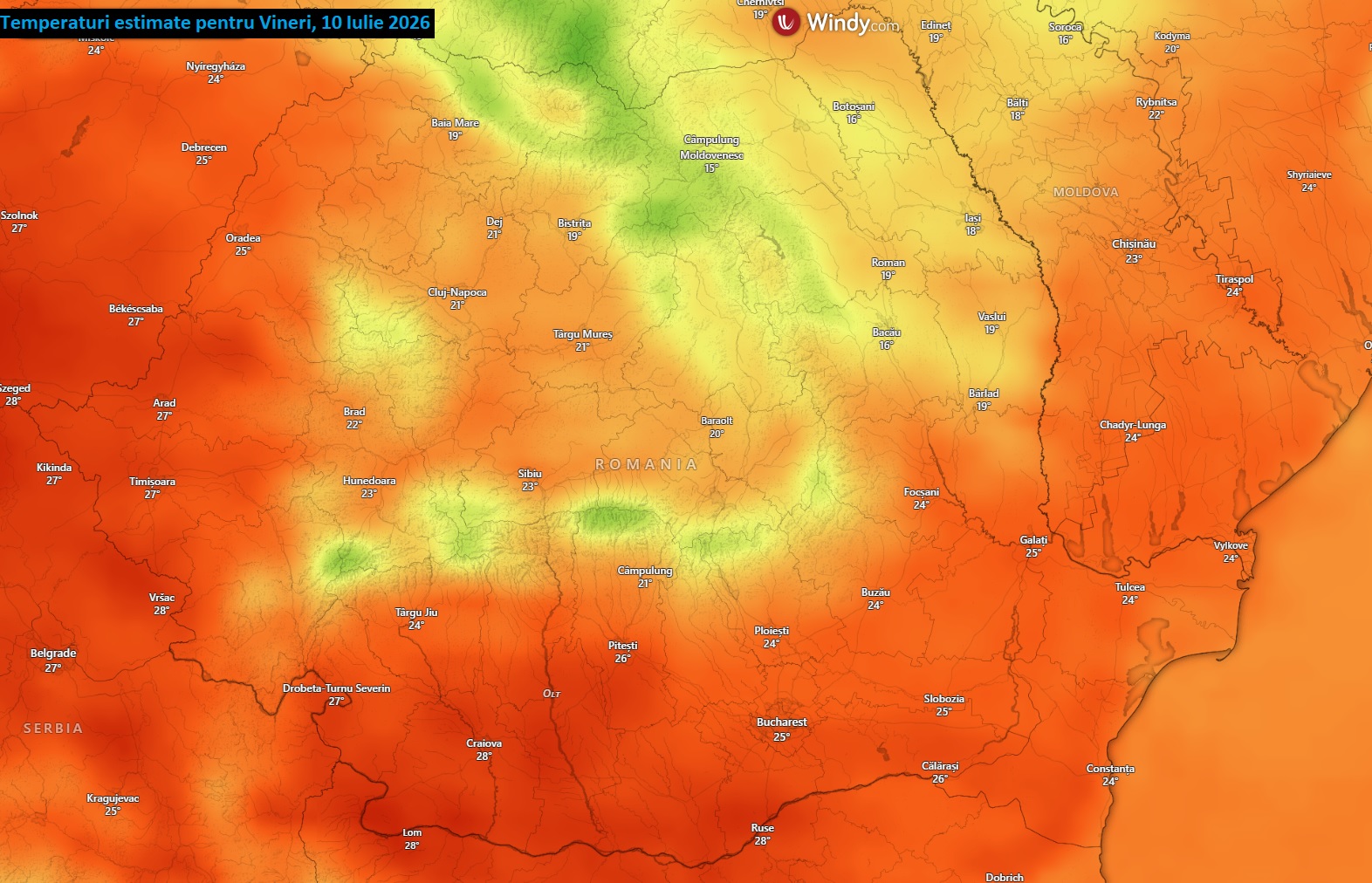 Temperaturi estimate pentru Vineri, 10 Iulie 2026