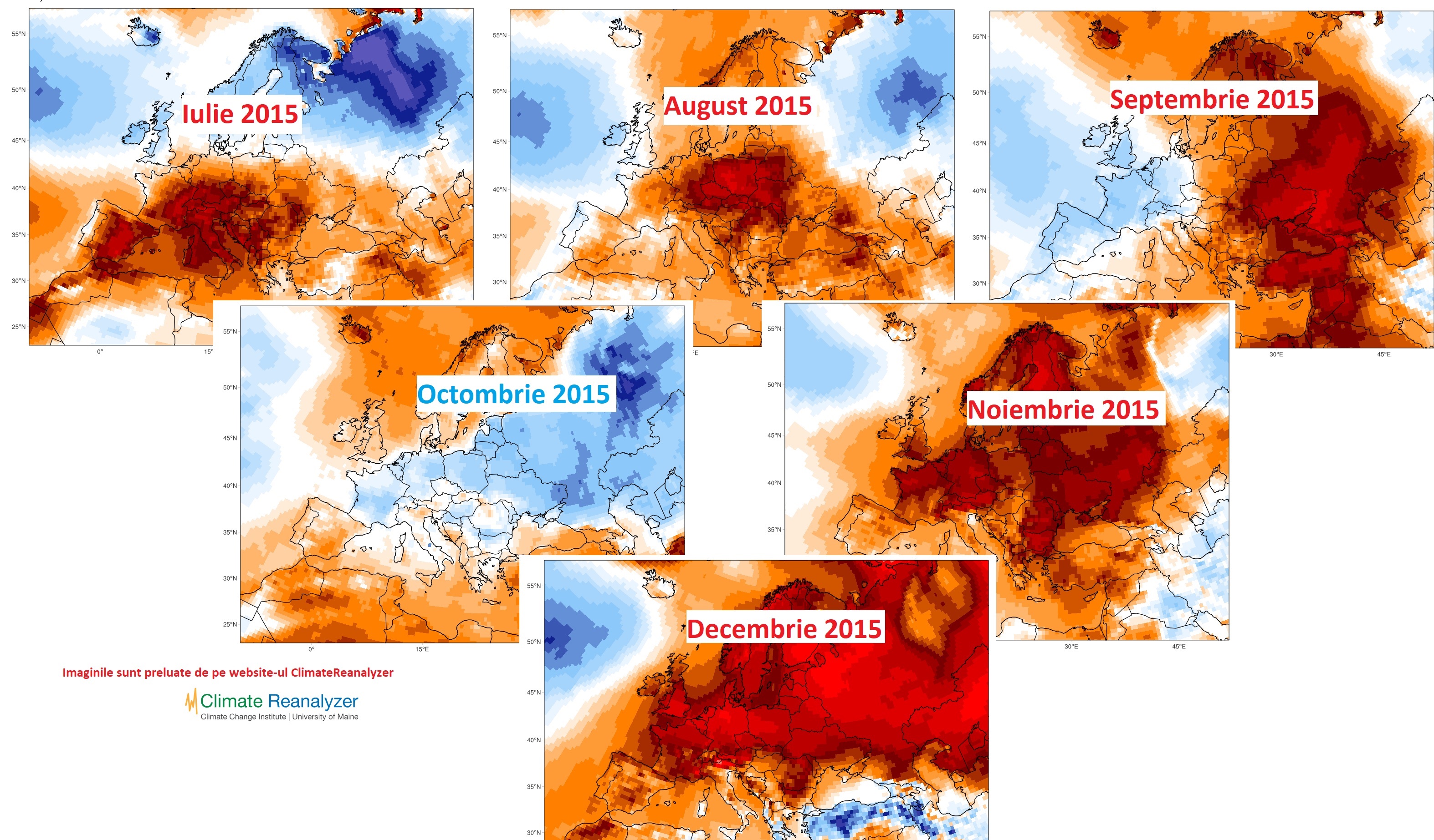 Diferențe față de medie ale temperaturii în a doua jumătate a anului 2015