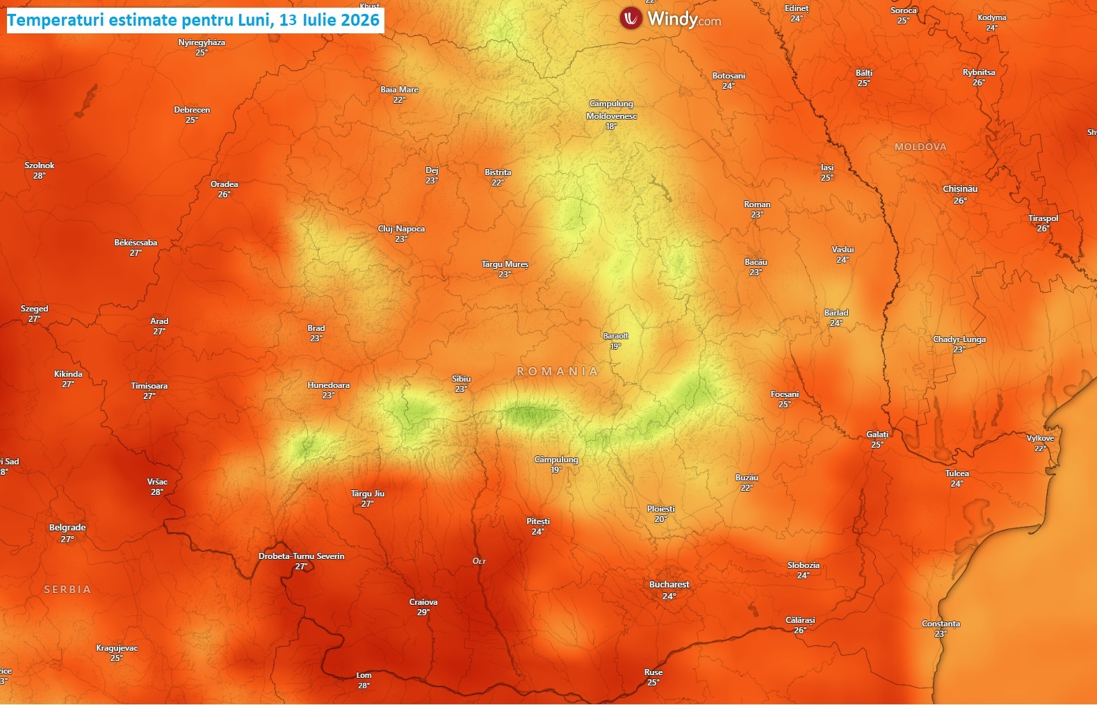 Temperaturi estimate pentru Luni, 13 Iulie 2026