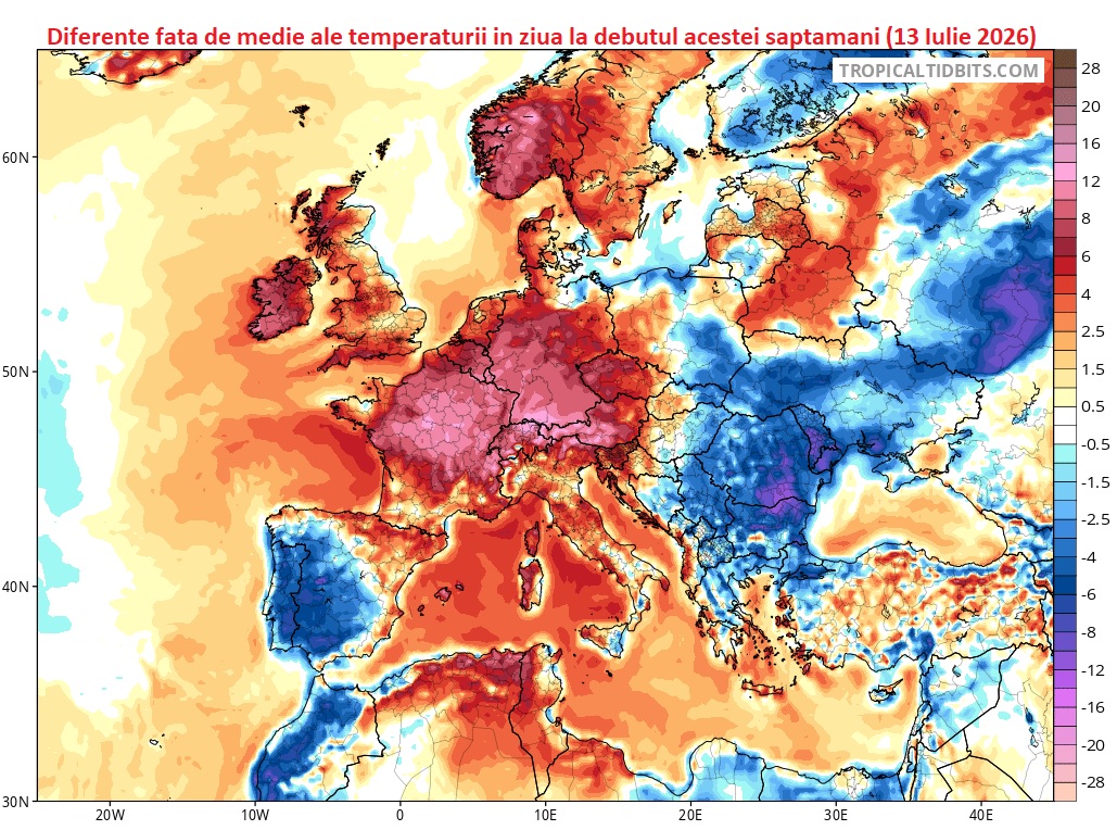 Estimare temperaturi si diferente fata de medie pentru Luni, 13 Iulie 2026