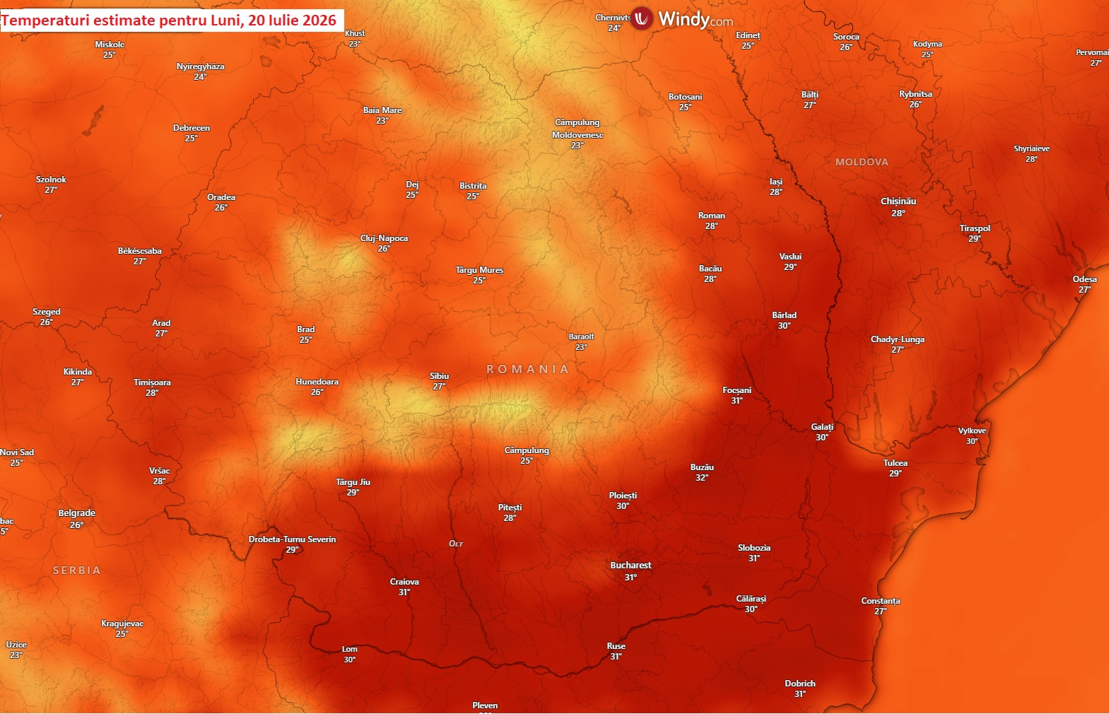 Temperaturi estimate pentru Luni, 20 iulie 2026