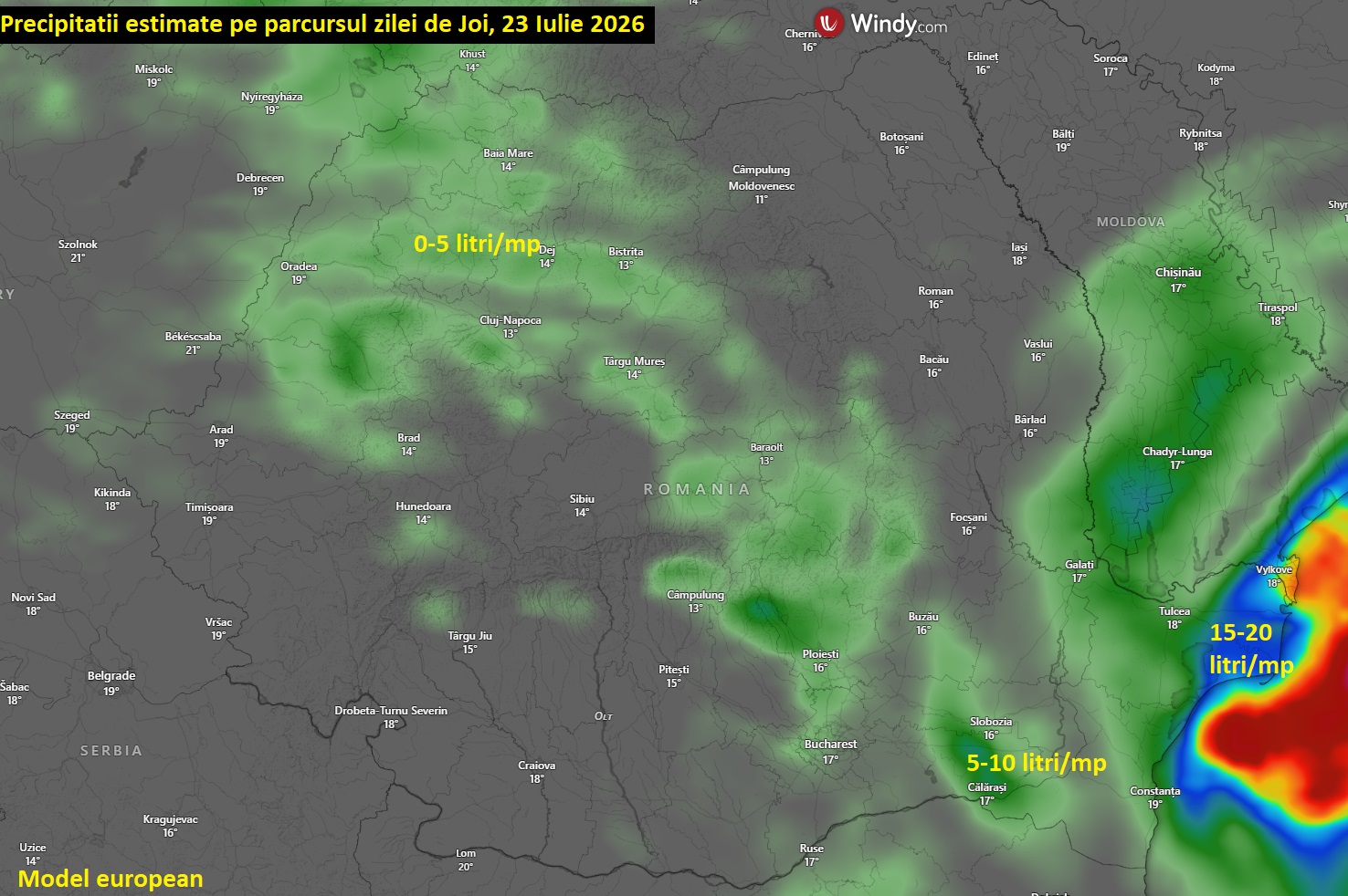 Precipitatii estimate pentru ziua de Joi, 23 Iulie 2026