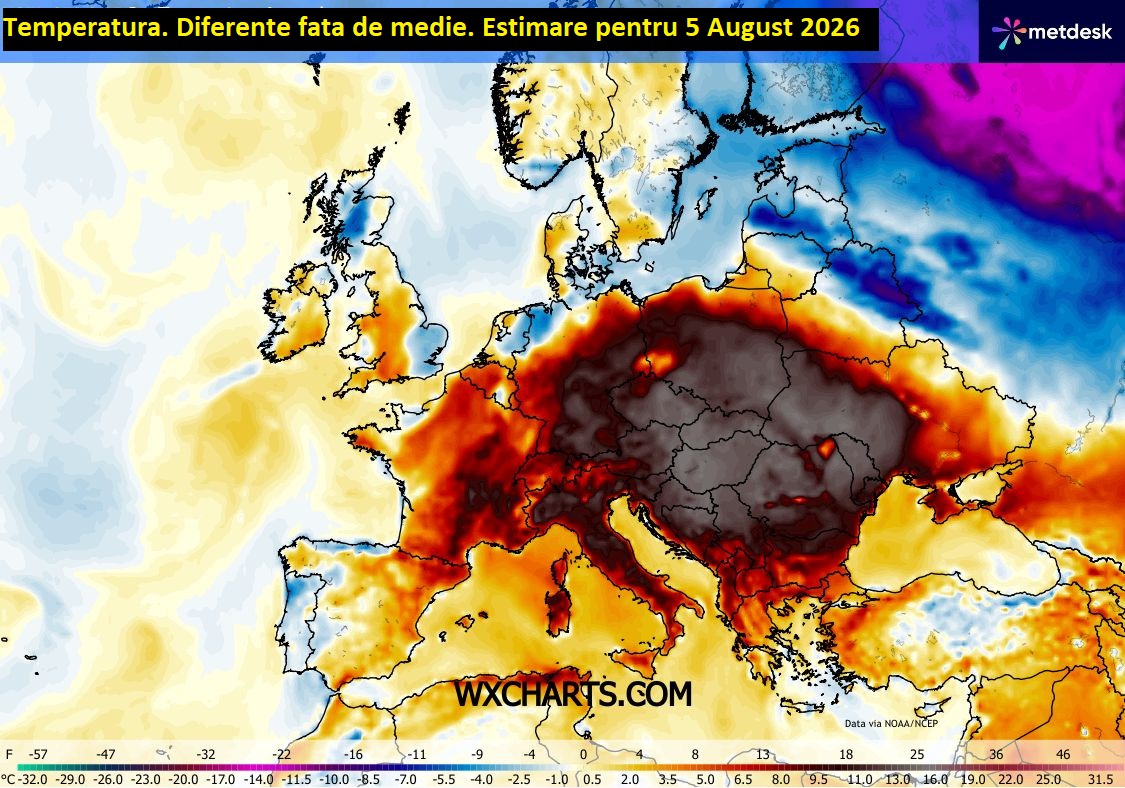Temperatura in data de 5 August 2026. Diferente fata de normal estimate de modelul american