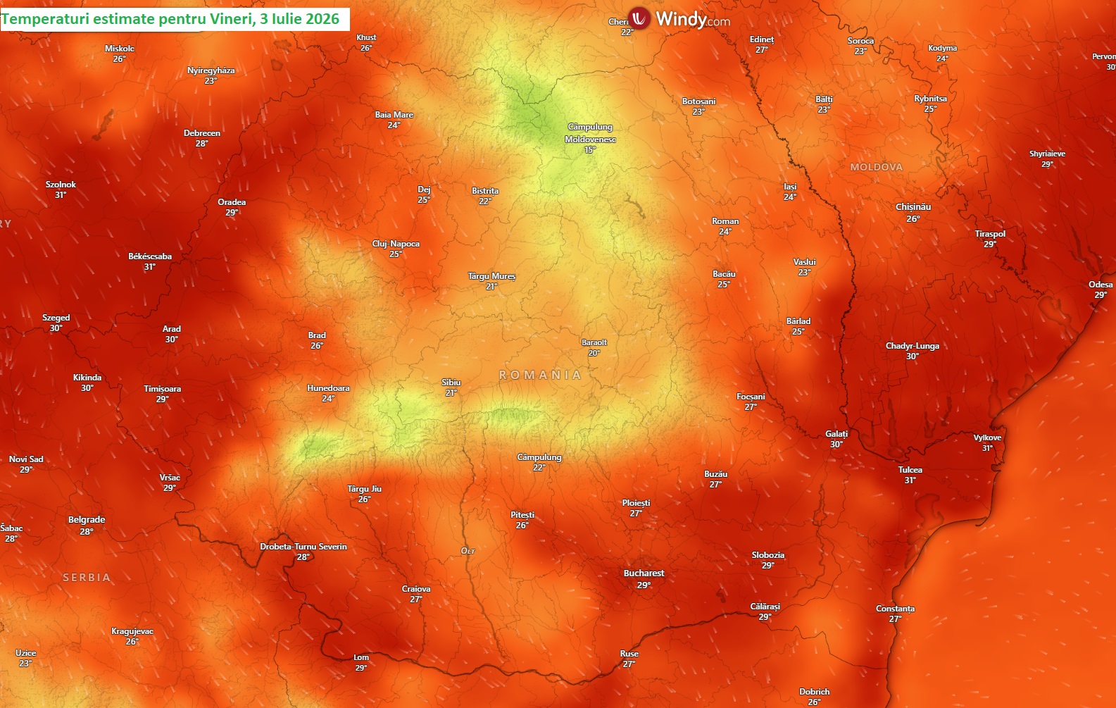 Temperaturi estimate pentru Vineri, 3 Iulie 2026