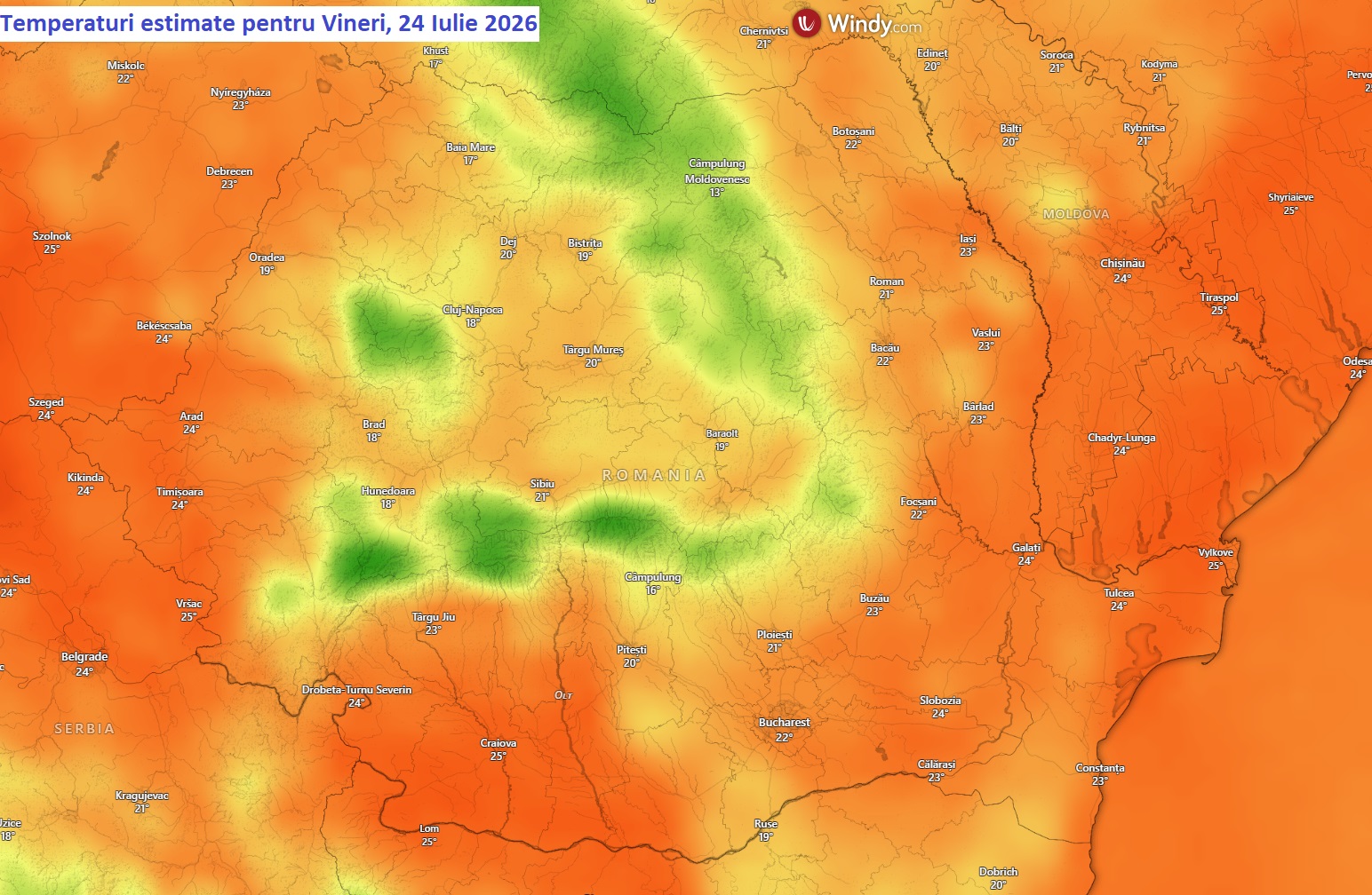 Temperaturi estimate pentru Vineri, 24 Iulie 2026