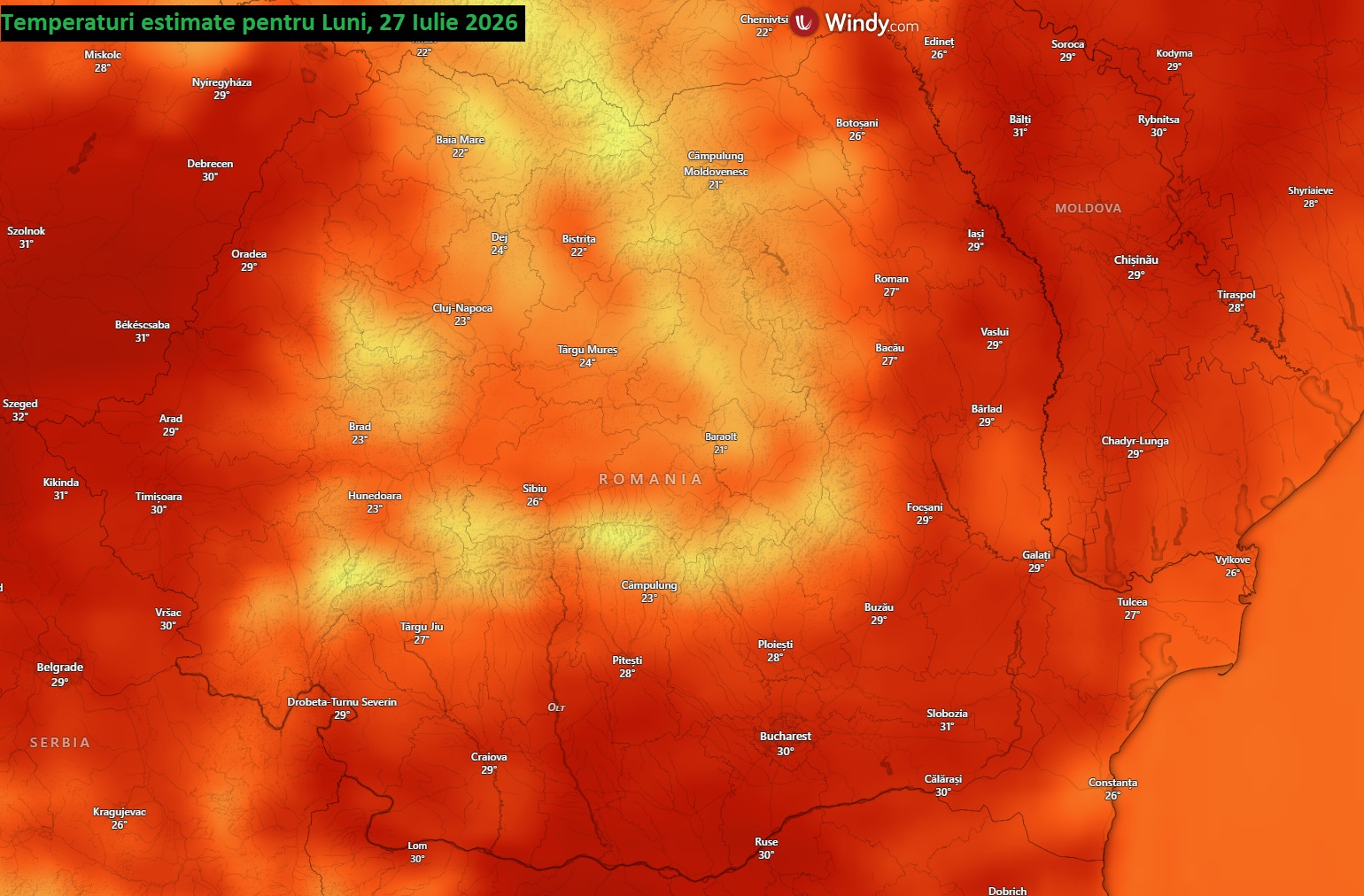 Temperaturi estimate pentru Luni, 27 Iulie 2026