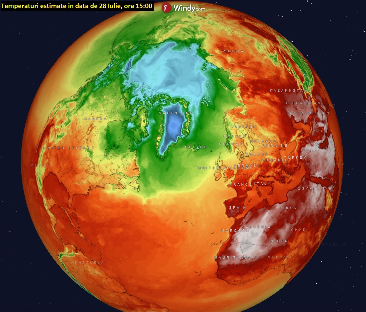 Temperaturi estimate in data de 28 Iulie , ora 15:00