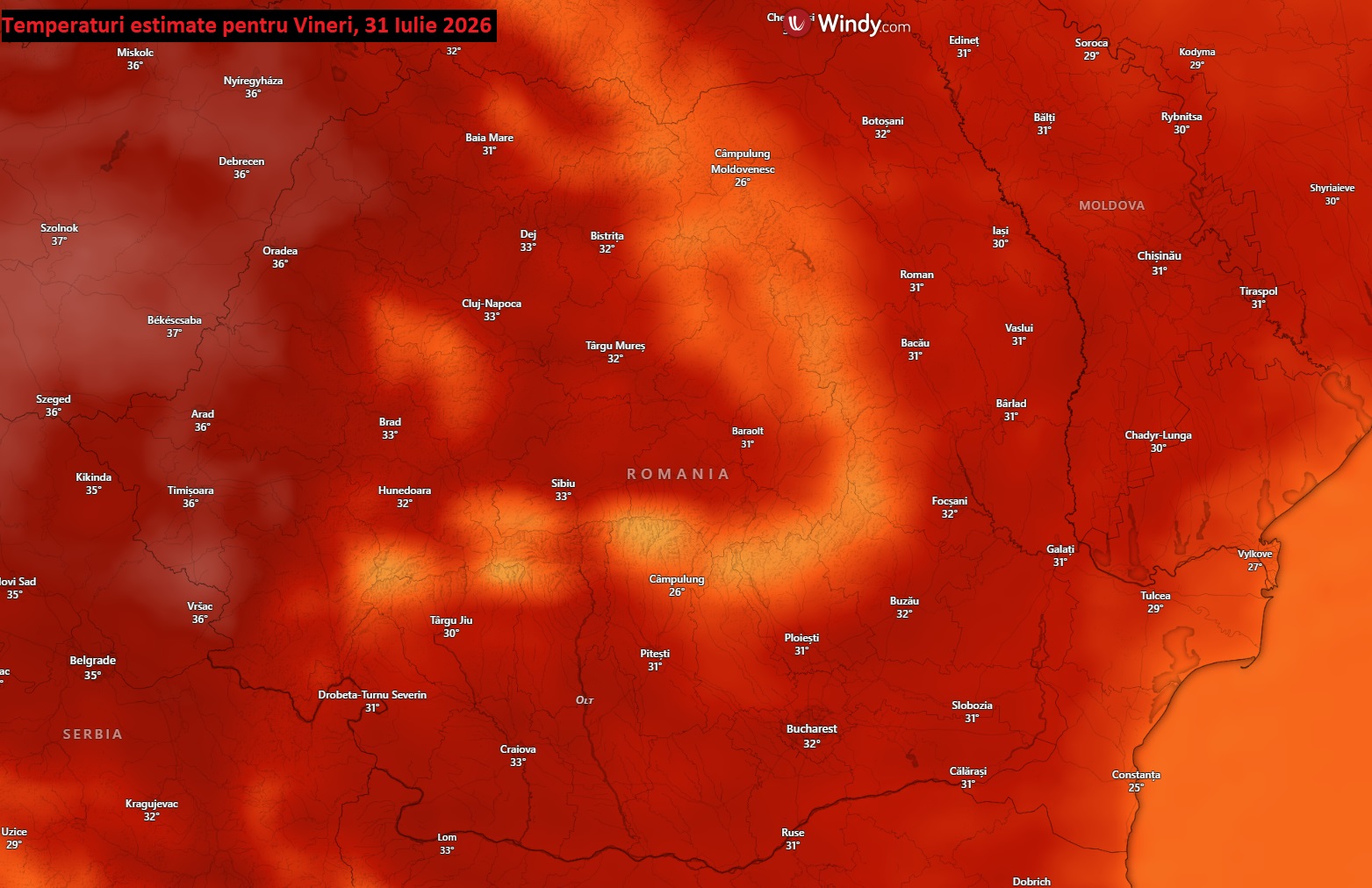 Temperaturi estimate pentru Vineri, 31 Iulie 2026