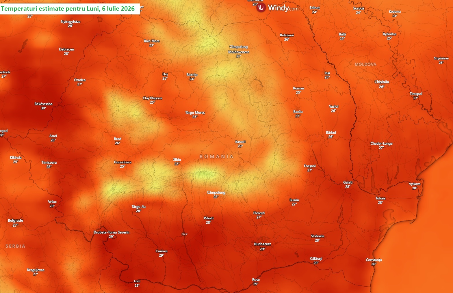 Temperaturi estimate pentru luni, 6 iulie 2026