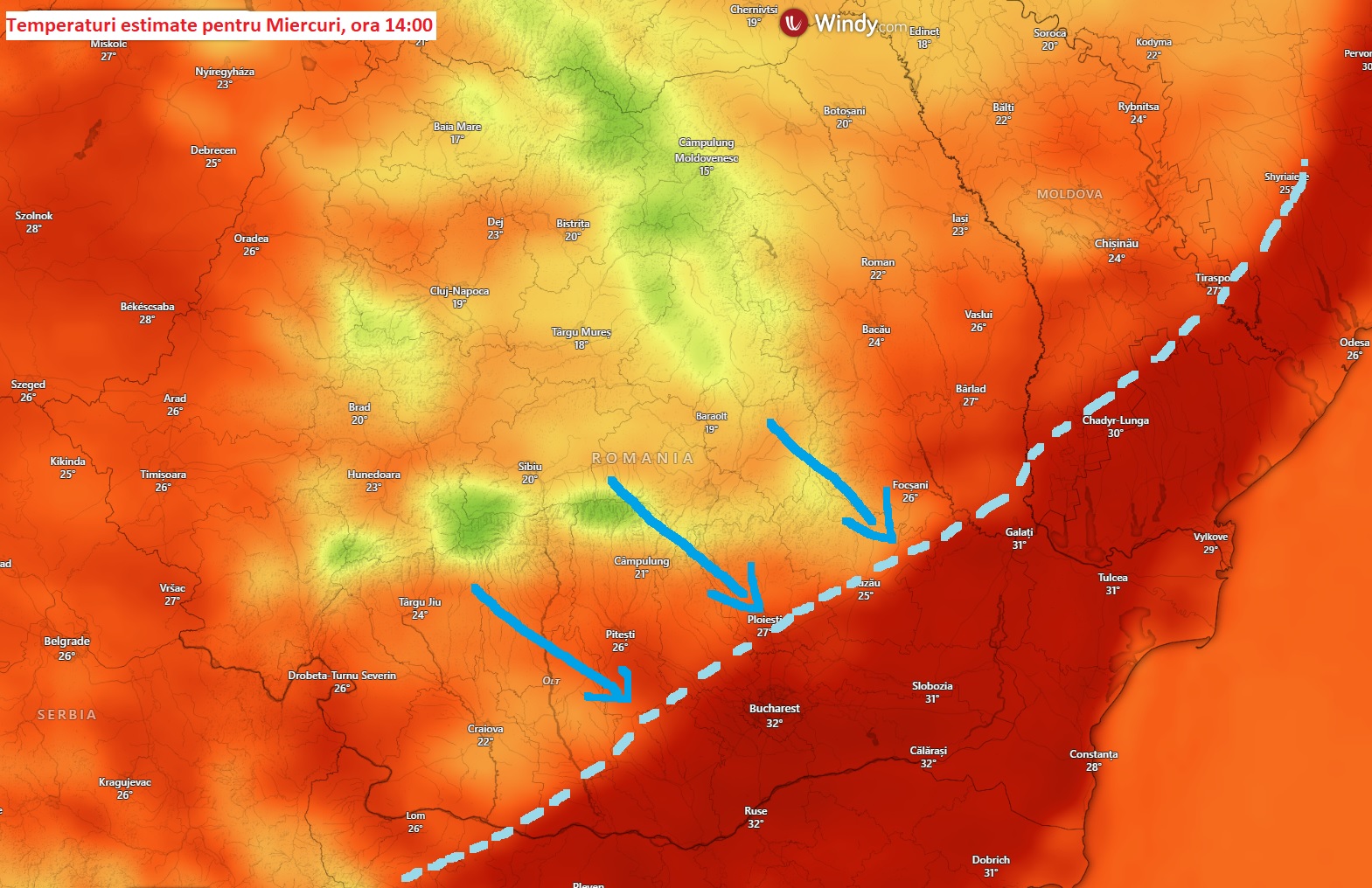 Temperaturi estimate pentru Miercuri, 8 Iulie 2026, ora 14:00