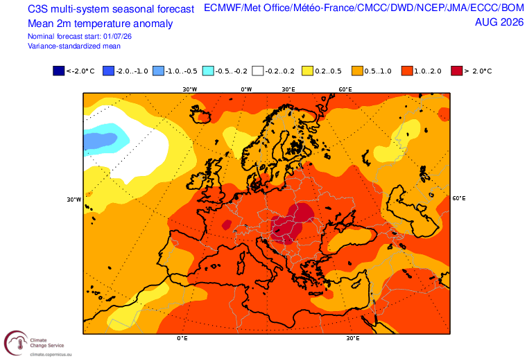 Temperaturi estimate in August. Diferente fata de medie. Modelarea C3S