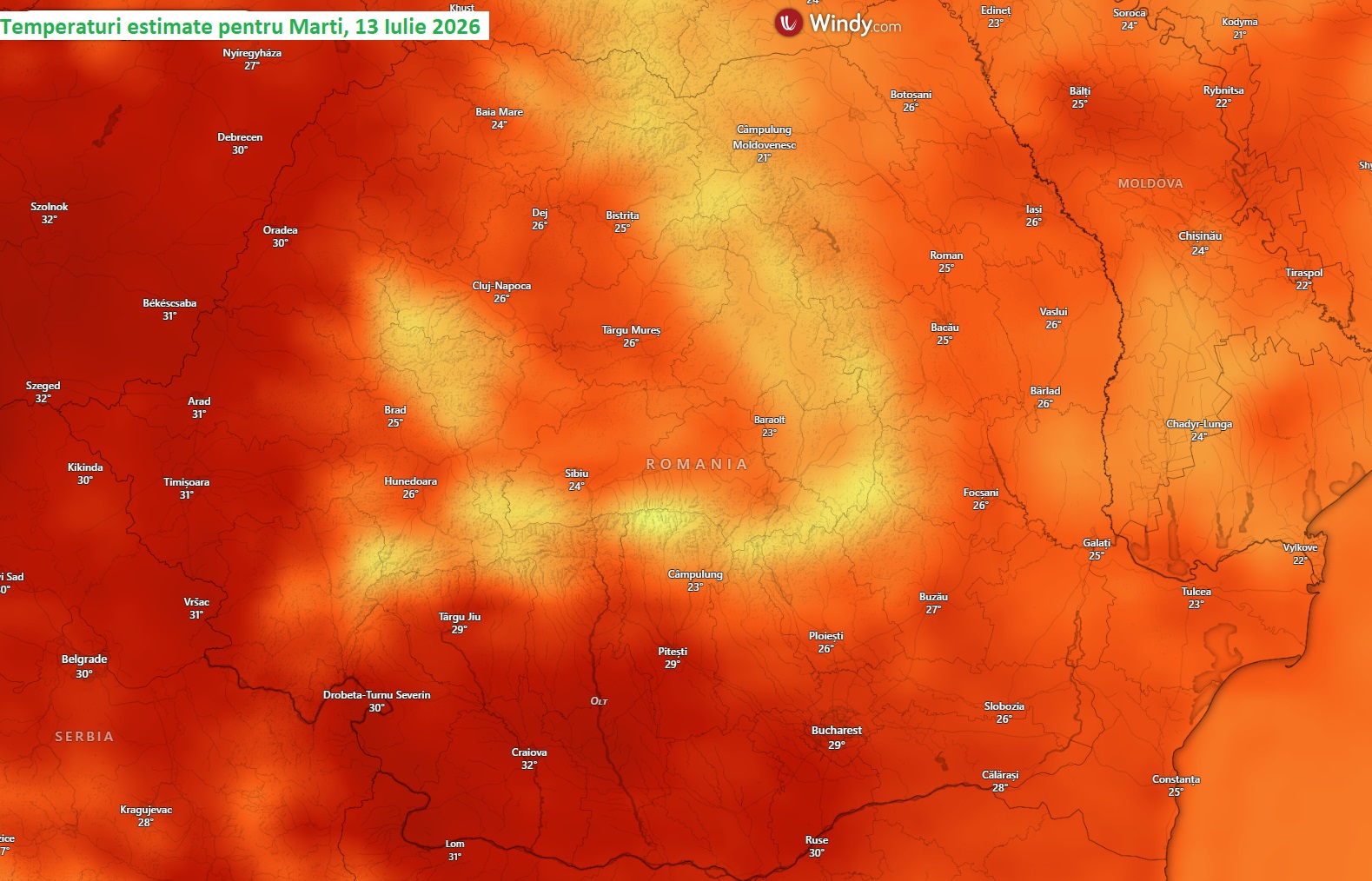 Temperaturi estimate pentru Marți, 14 Iulie 2026