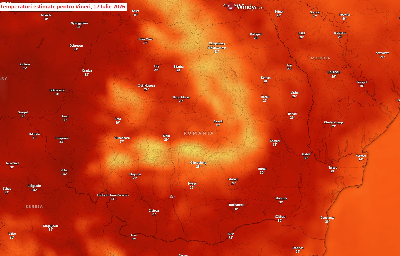 Temperaturi estimate pentru Vineri, 17 Iulie 2026
