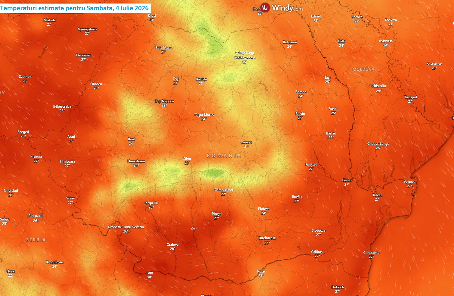 Temperaturi maxime estimate pentru Sâmbătă, 4 Iulie 2026