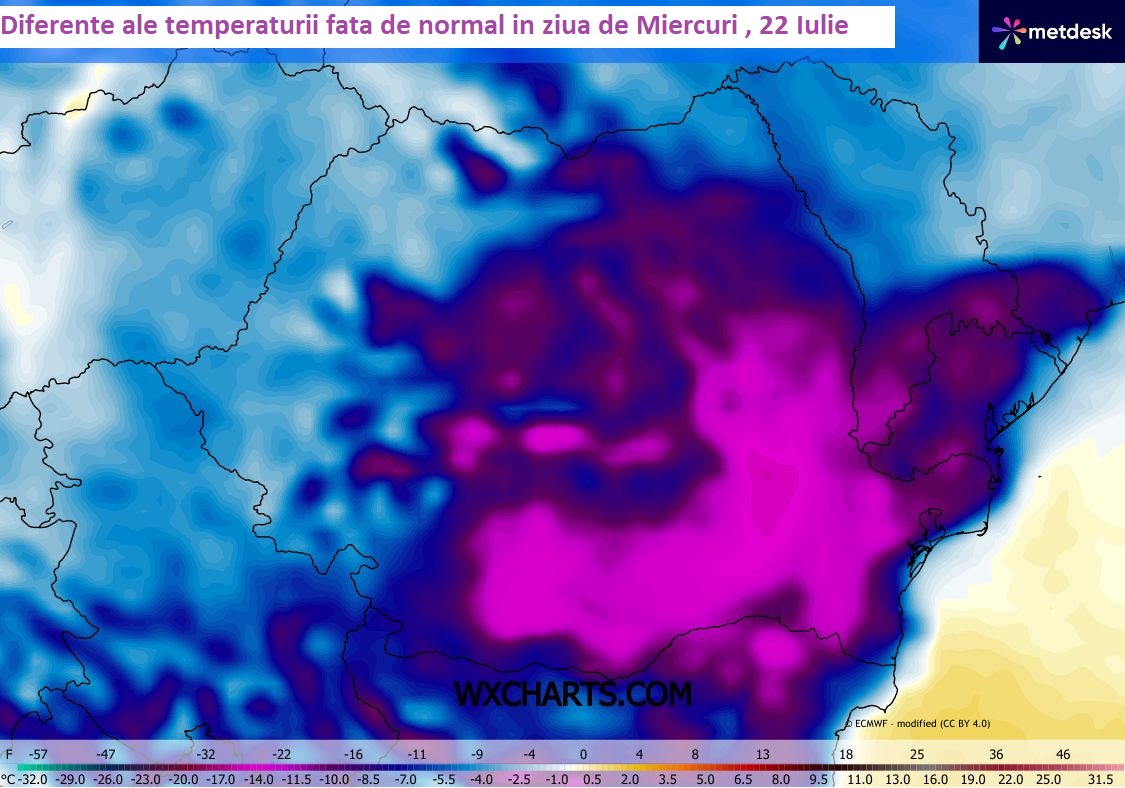 Diferențe față de normal ale temperaturii în ziua de Miercuri, 22 Iulie 2026