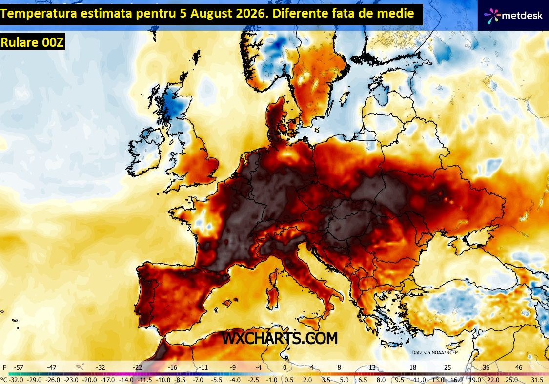 Temperaturi estimate pentru 5 August 2026. Diferente fata de medie in rularea 00Z