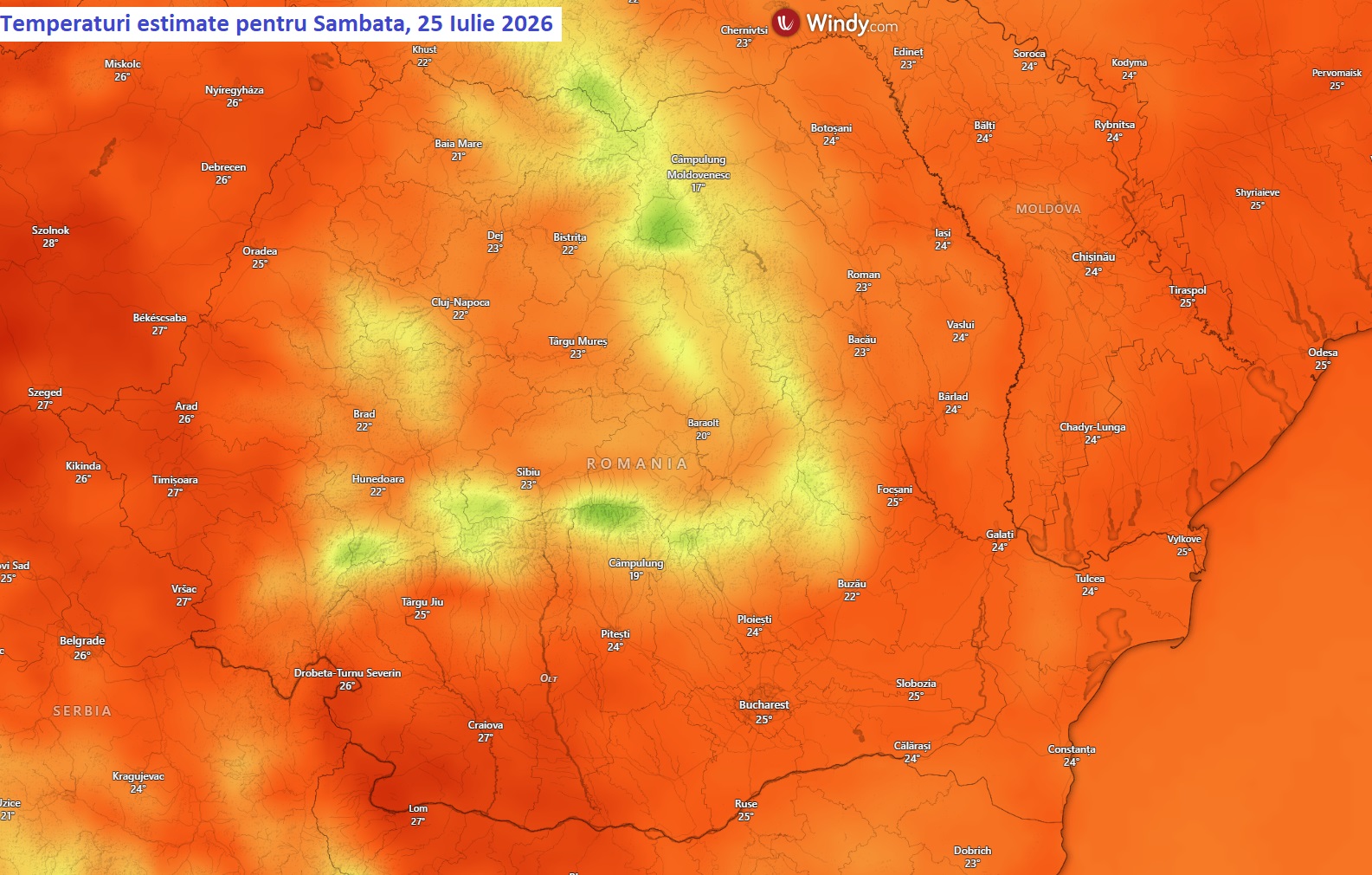 Temperaturi estimate pentru Sâmbătă, 25 Iulie 2026