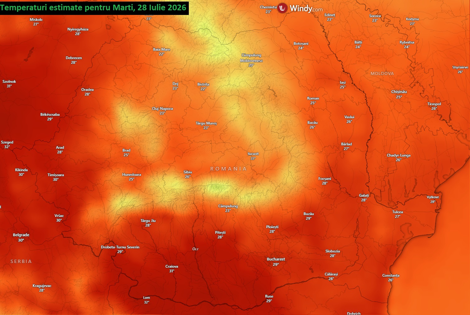 Temperaturi estimate pentru Marți, 28 Iulie 2026