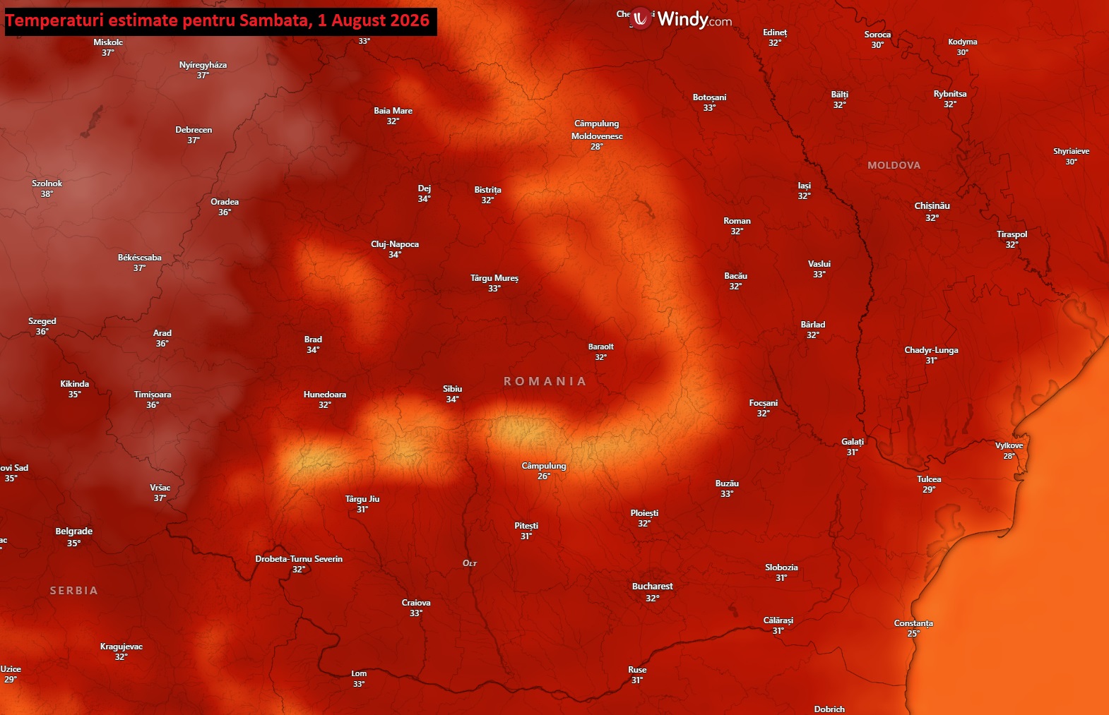 Temperaturi estimate pentru Sâmbătă, 1 August 2026