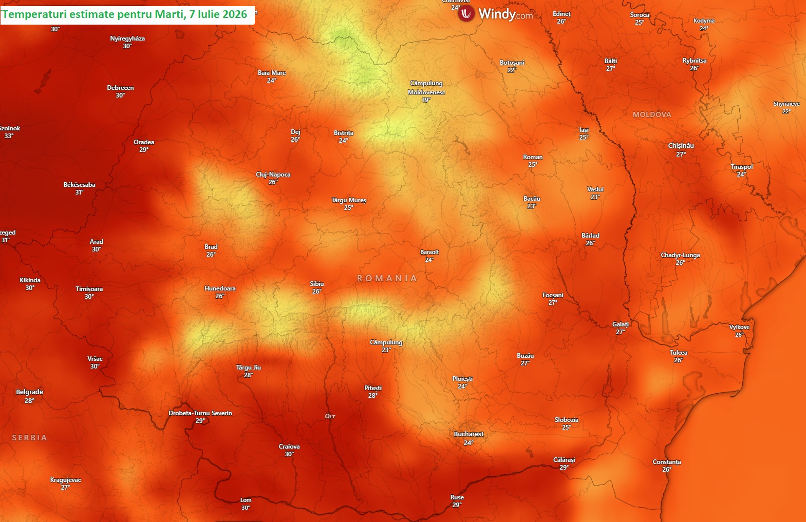 Temperaturi estimate pentru marți, 7 iulie 2026