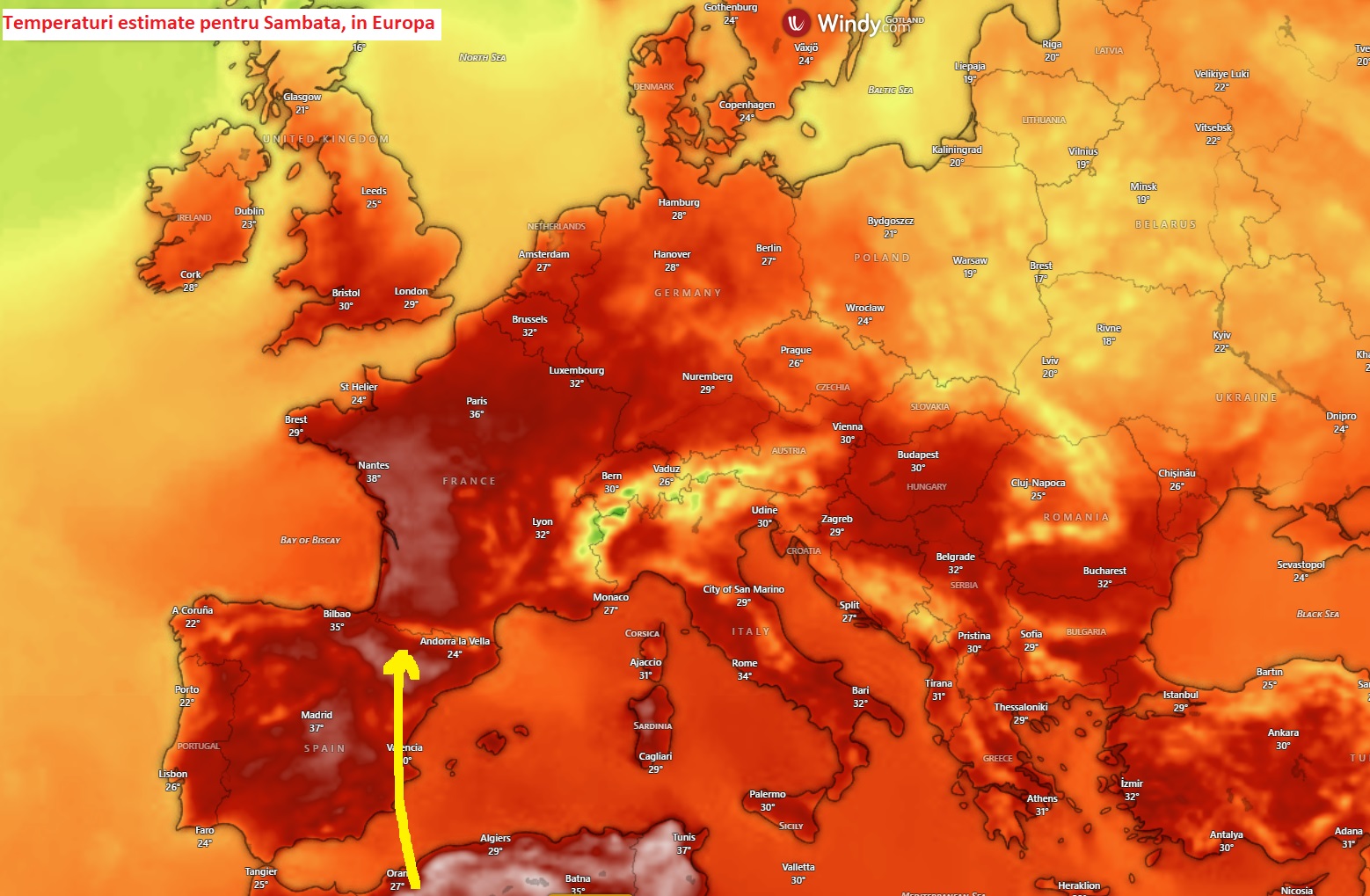 Temperaturi estimate pentru Sambata in Europa