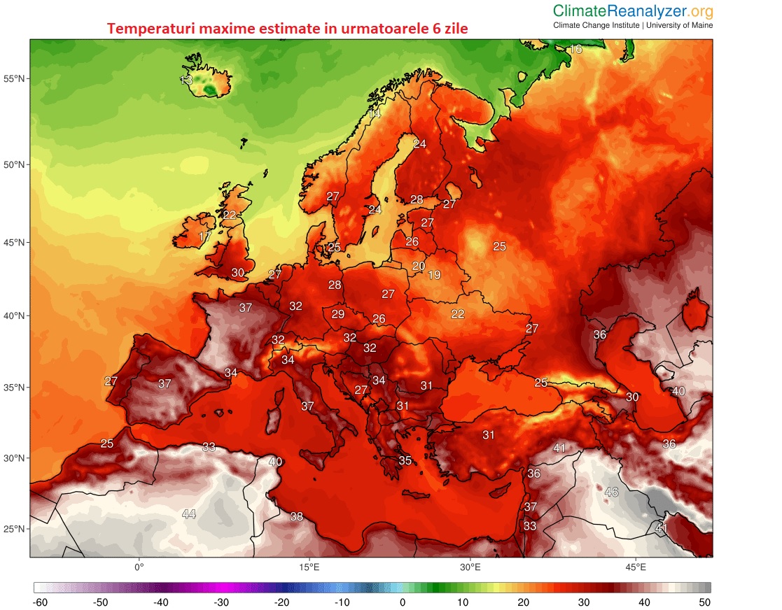 Temperaturi estimate pentru urmatoarele 6 zile in Europa
