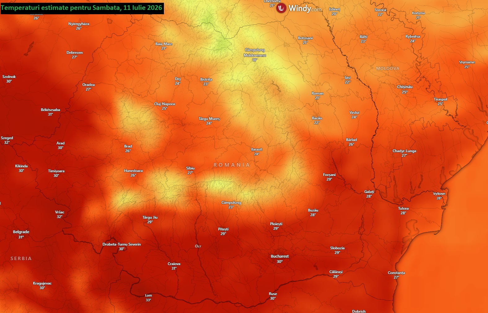 Temperaturi estimate pentru Sâmbătă, 11 Iulie 2026