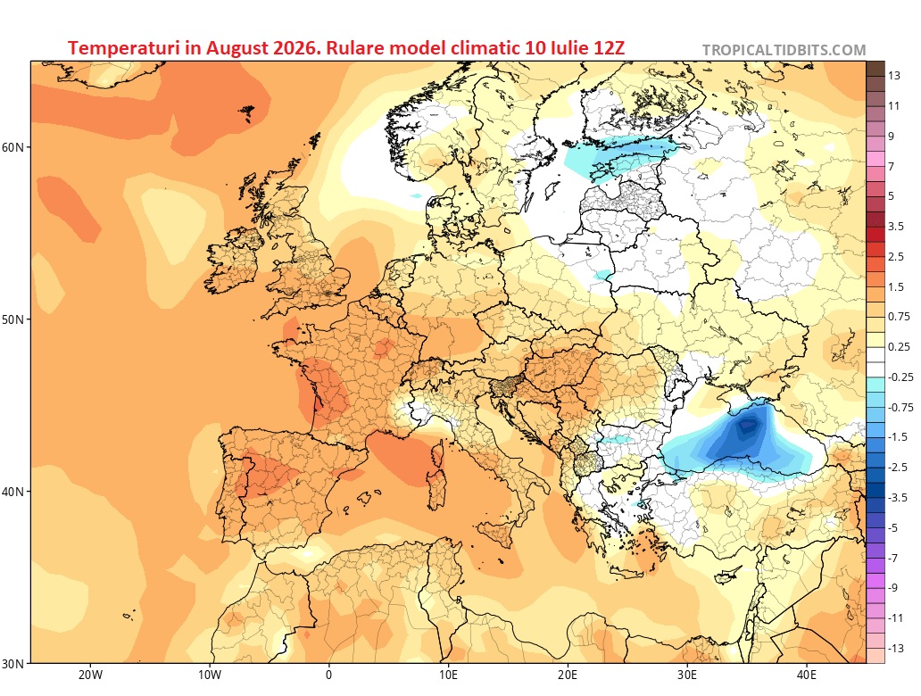 Temperaturi estimate pentru august 2026. Rulare model CFS