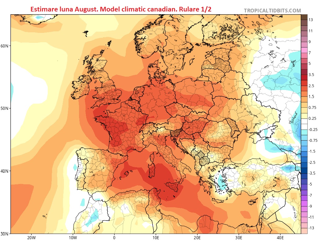 Temperaturi estimate pentru august. Model climatic canadian