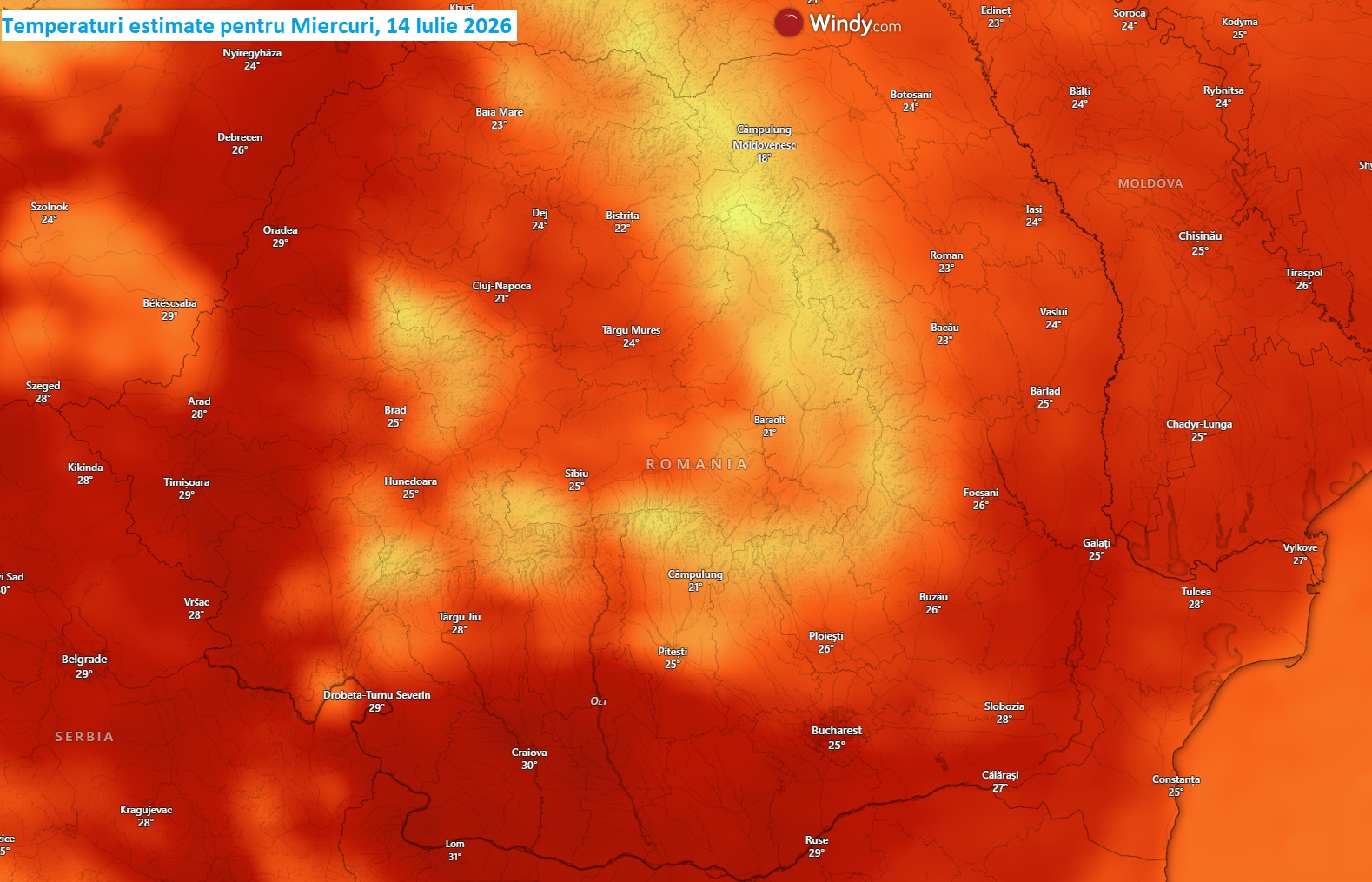 Temperaturi estimate pentru Miercuri, 14 Iulie 2026