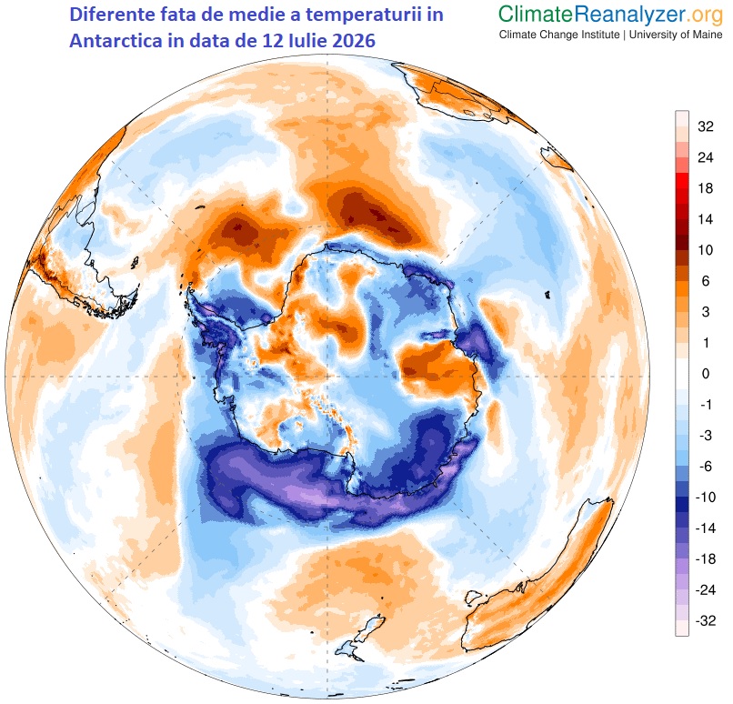 Diferențe față de normal ale temperaturii estimate pentru data de 12 iulie 2026