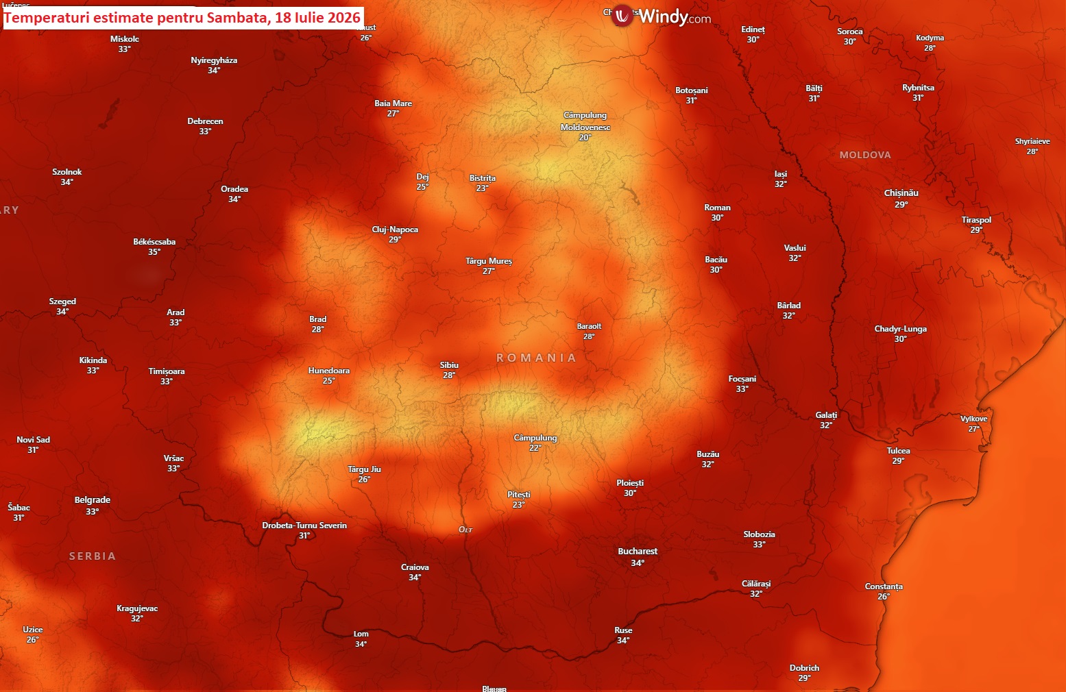 Temperaturi estimate pentru Sâmbătă, 18 Iulie 2026