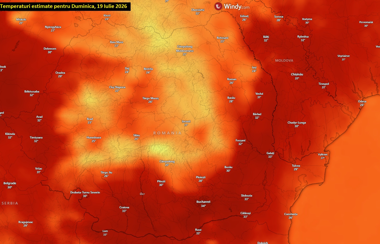 Temperaturi estimate pentru ziua de Duminică, 19 Iulie 2026