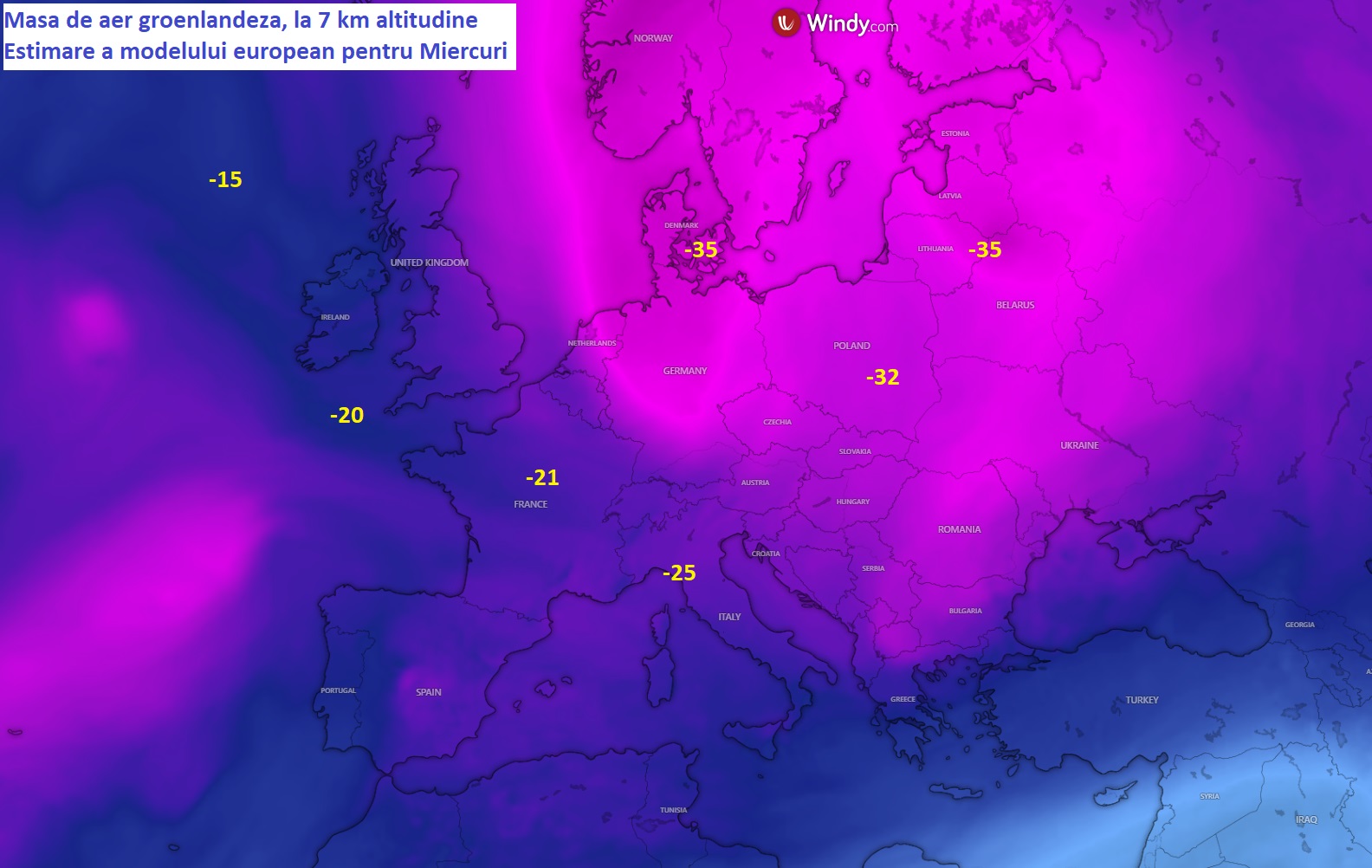 Masa de aer polar, la o altitudine de 7 km. Estimare model european pentru Miercuri