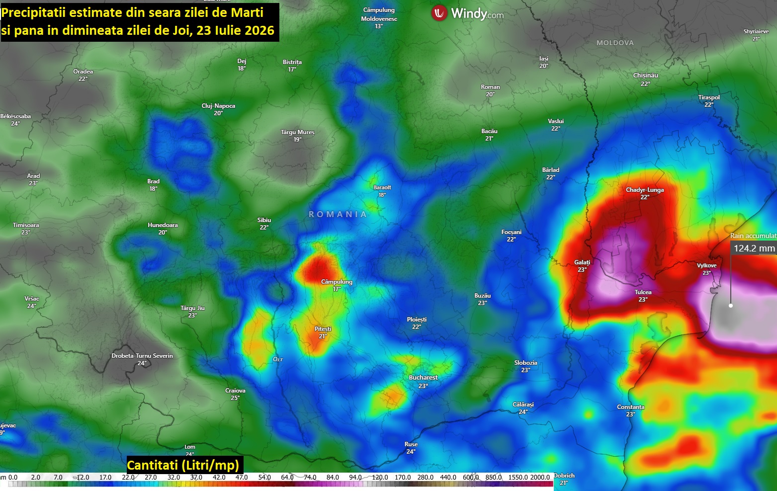 Precipitații estimate până Joi, 23 Iulie 2026 dimineața