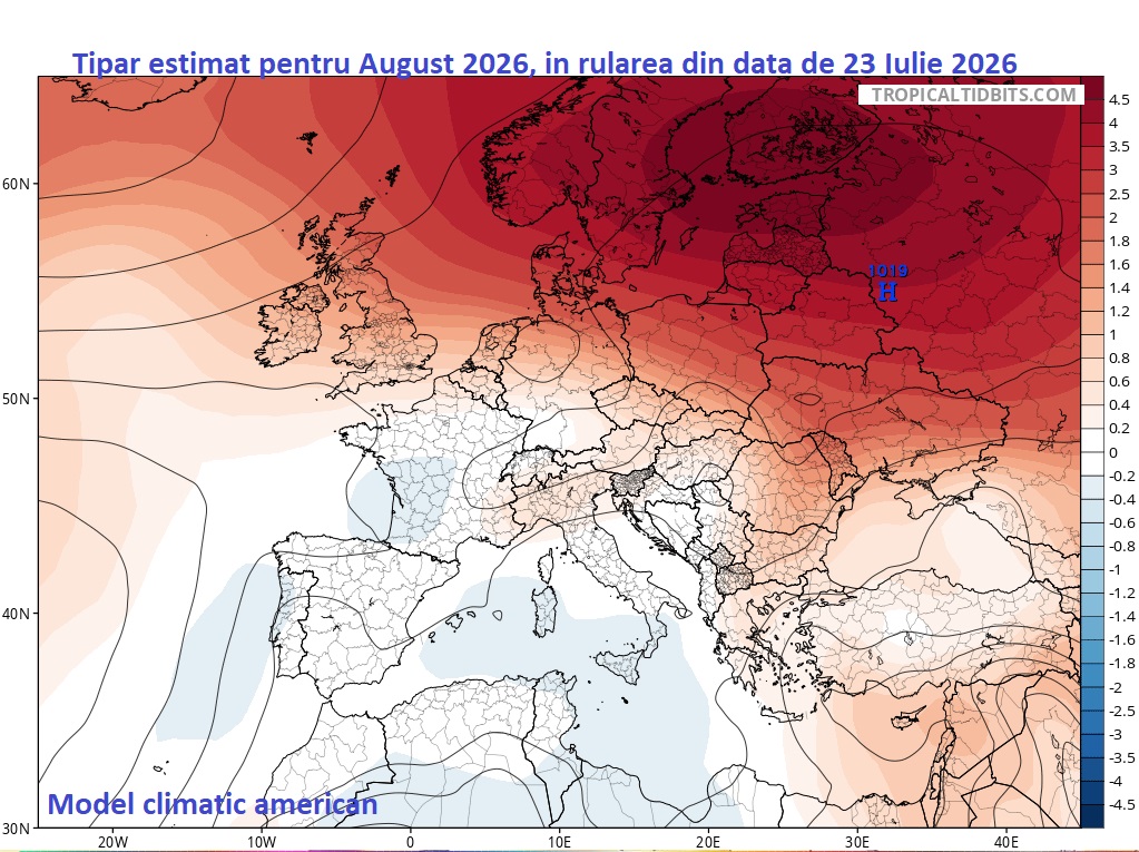Tiparul estimat pentru August 2026. Rulare model climatic american din data de 23 Iulie 2026