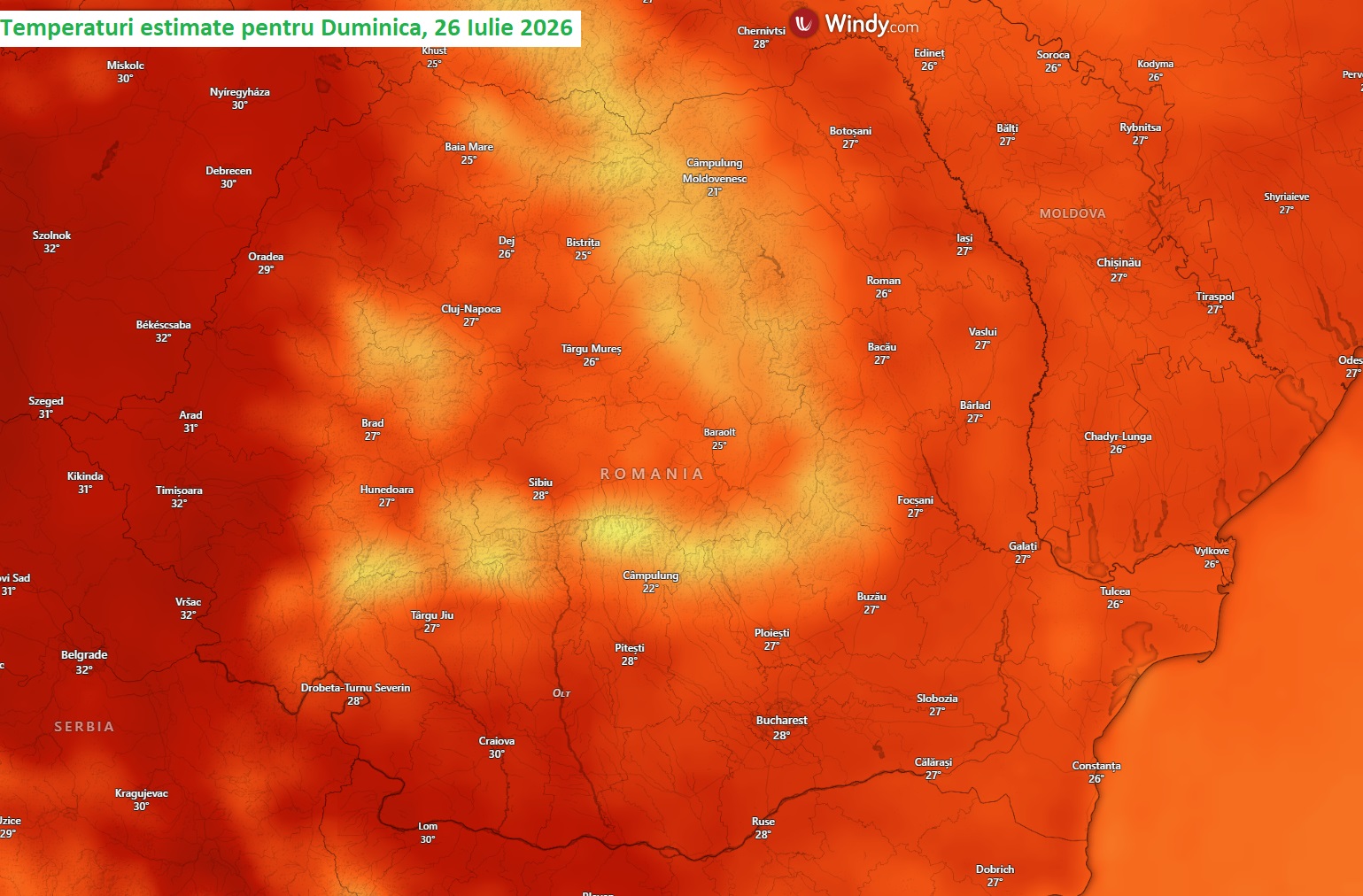 Temperaturi estimate pentru Duminică, 26 Iulie 2026