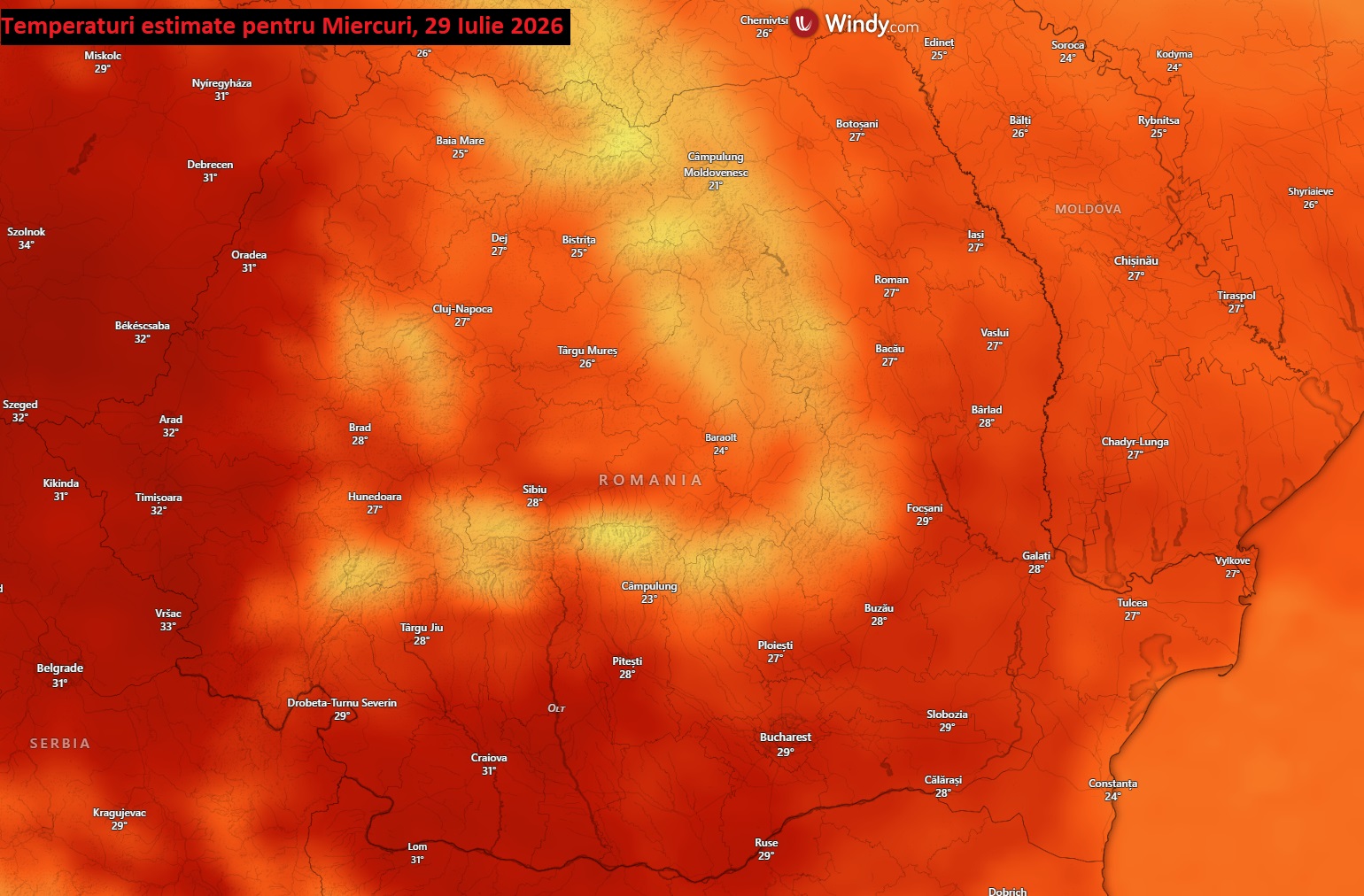 Temperaturi estimate pentru Miercuri, 29 Iulie 2026