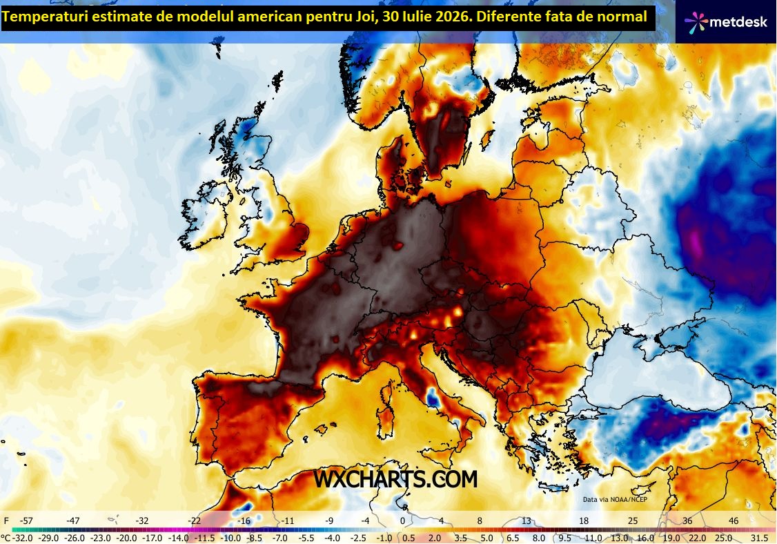 Temperaturi estimate pentru Joi, 30 Iulie 2026 de catre modelul american