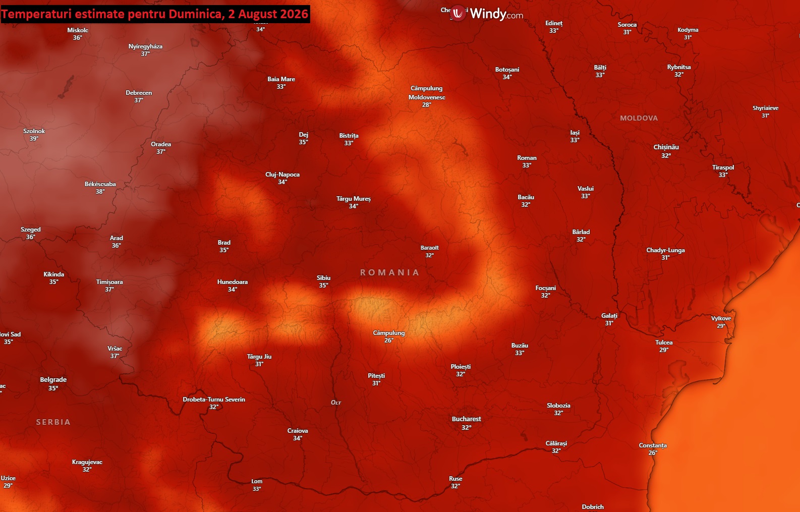 Temperaturi estimate pentru Sâmbătă, 2 August 2026