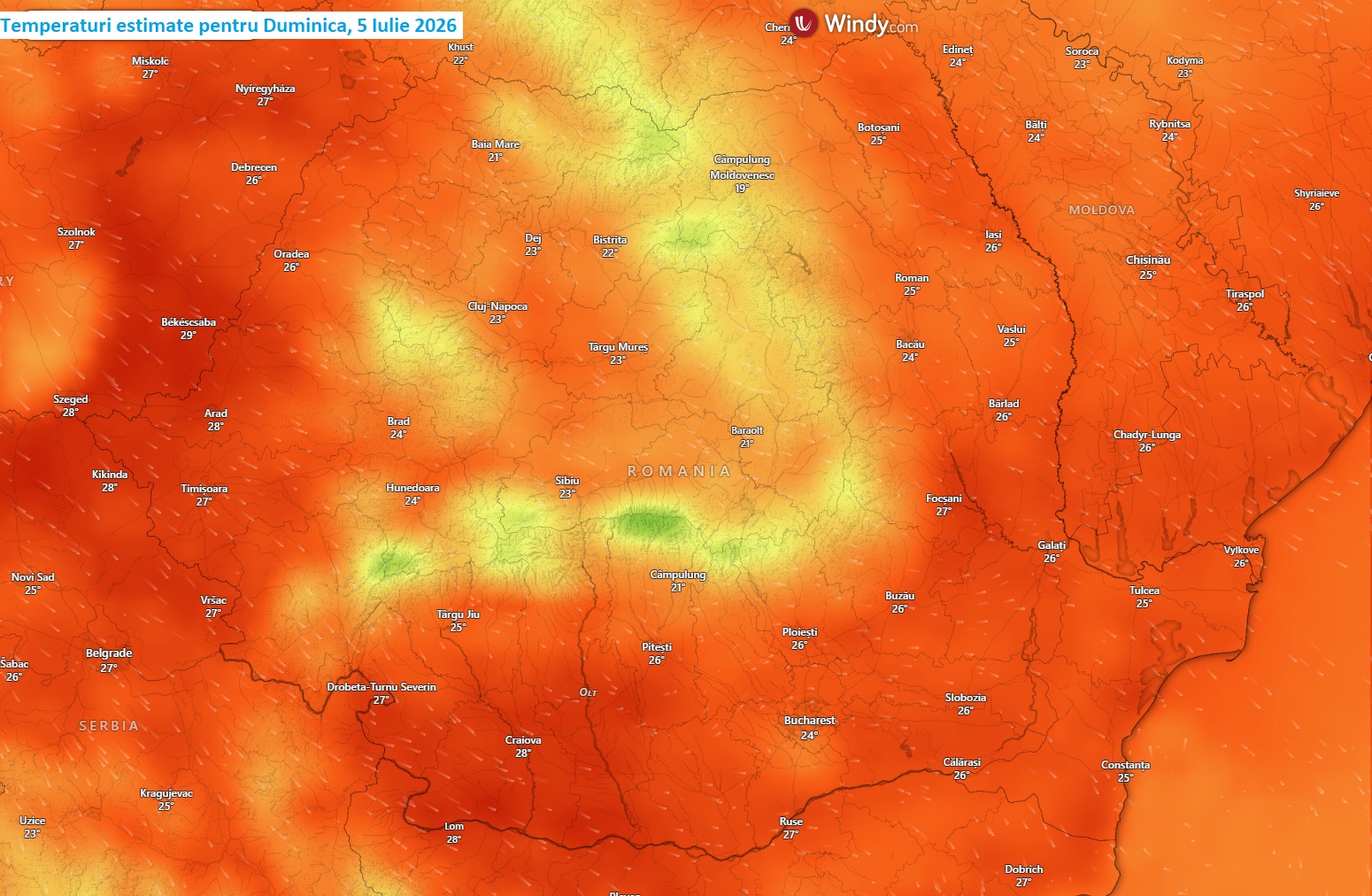 Temperaturi estimate pentru ziua de Duminică, 5 Iulie 2026