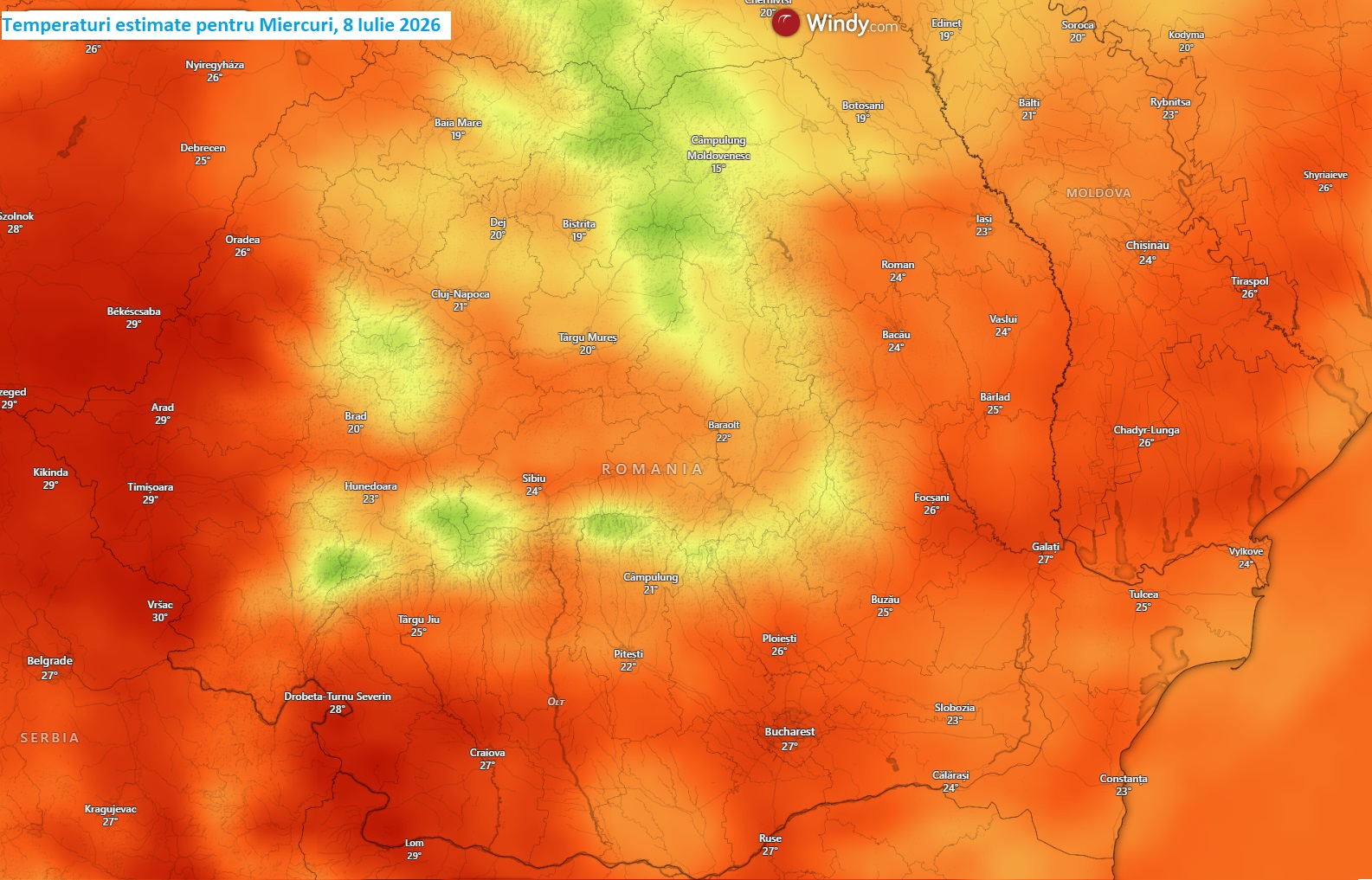 Temperaturi estimate pentru miercuri, 8 iulie 2026